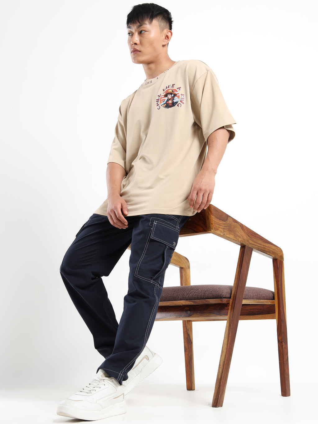 Men's Beige One Piece Chill Like a King Oversized T-Shirt