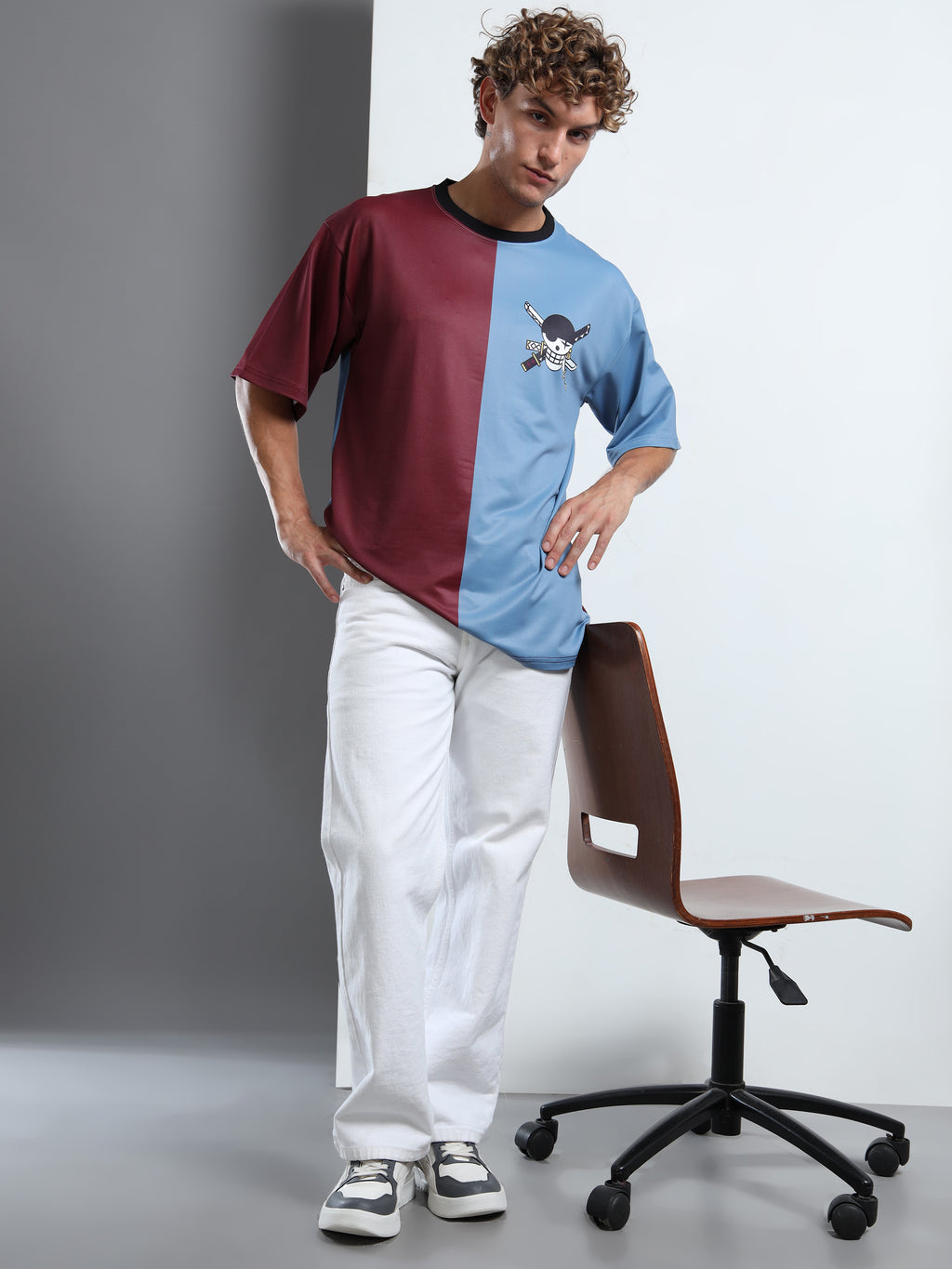 Men's Maroon and Blue One Piece Split Oversized T-Shirt