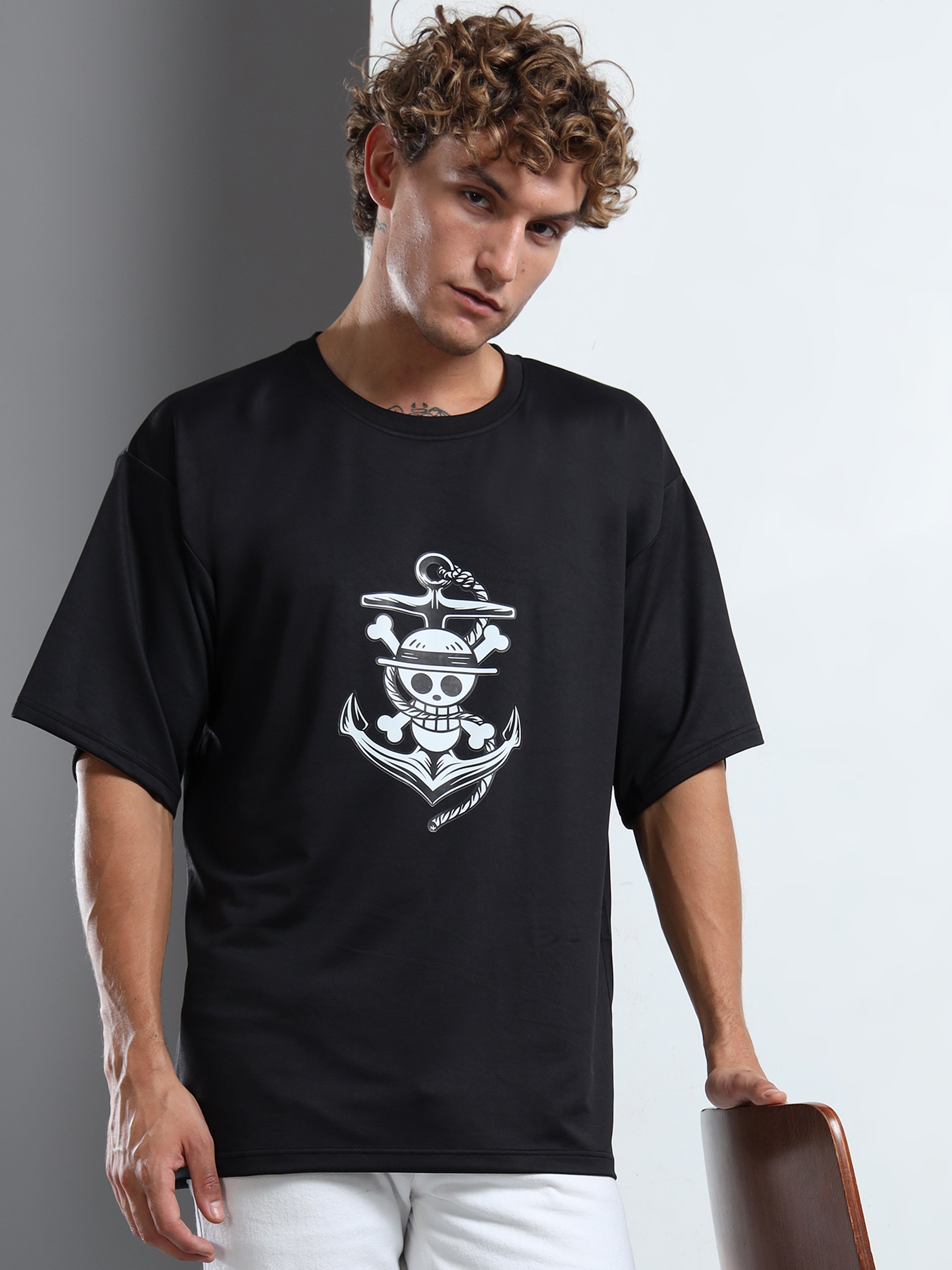 Men's Black One Piece Gear 5 Anchor Oversized T-Shirt