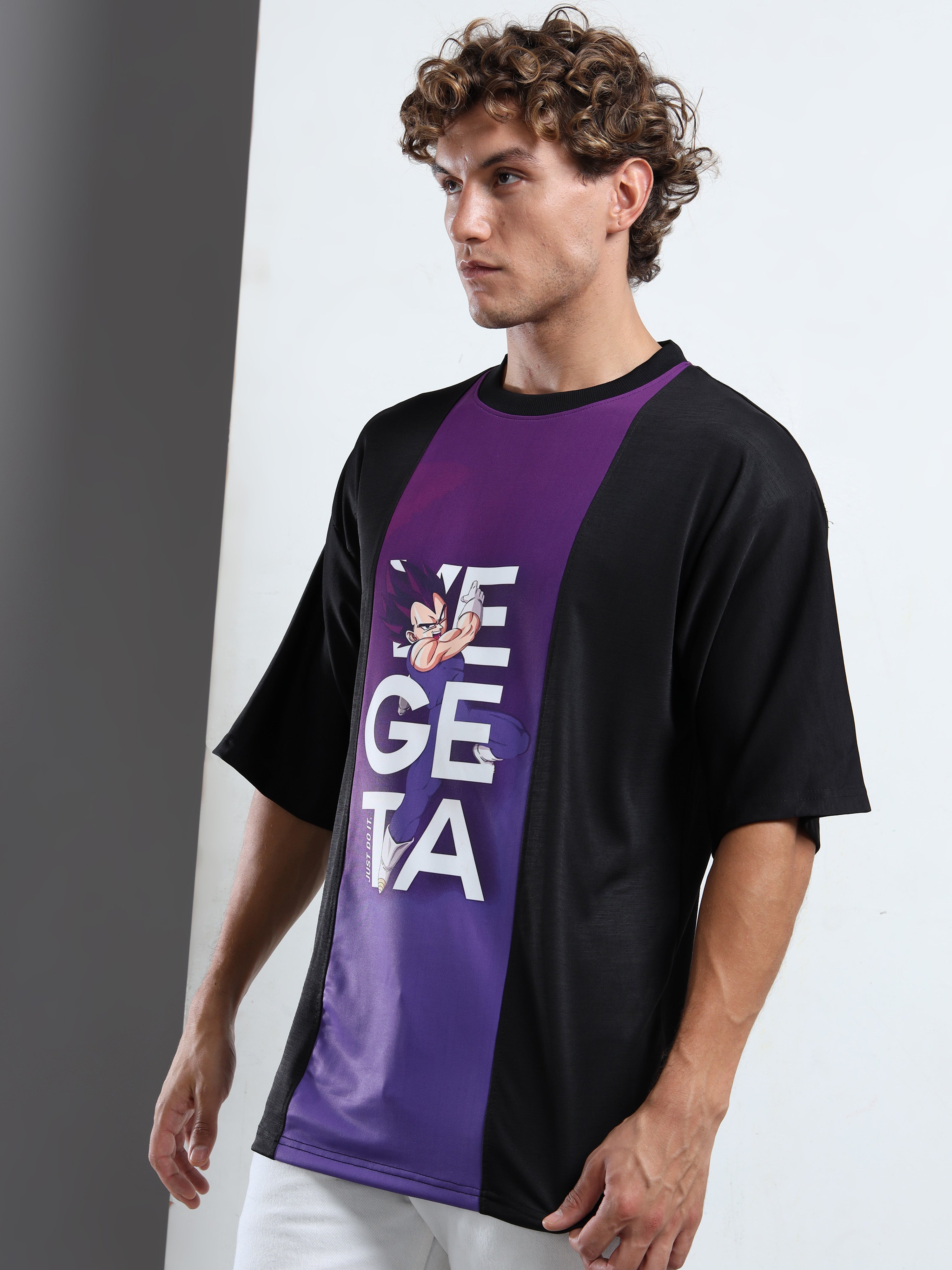 Men's Black and Purple Dragon Ball Z Vegeta Oversized T-Shirt