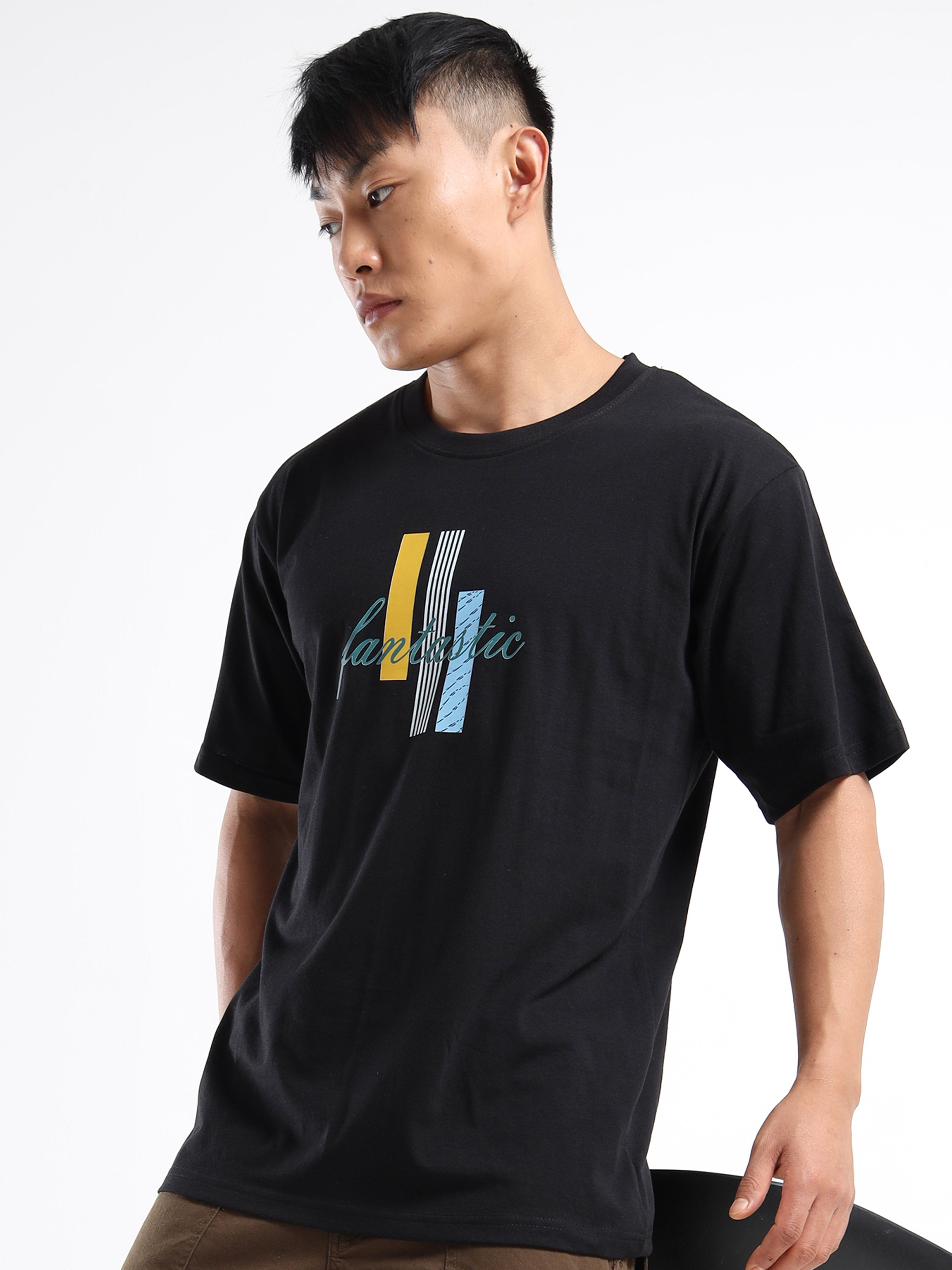 Men's Black and Multi-Color Fantastic Graphic T-Shirt