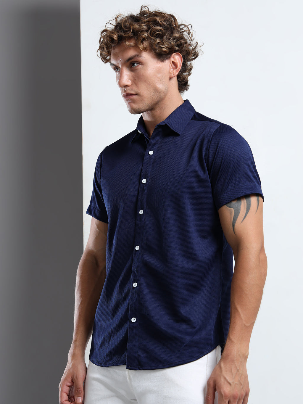 Men's Navy Blue Textured Short Sleeve Casual Shirt