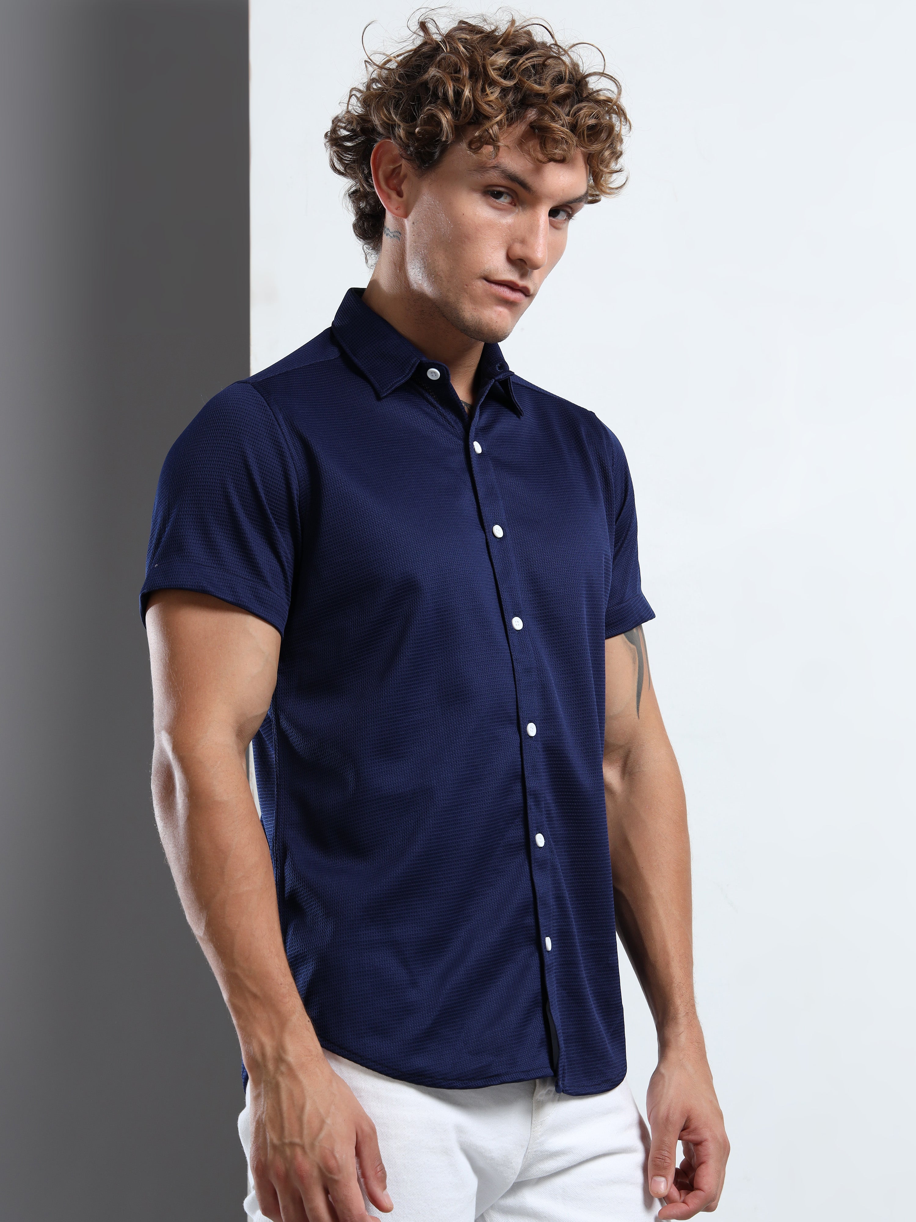 Men's Navy Blue Textured Short Sleeve Casual Shirt