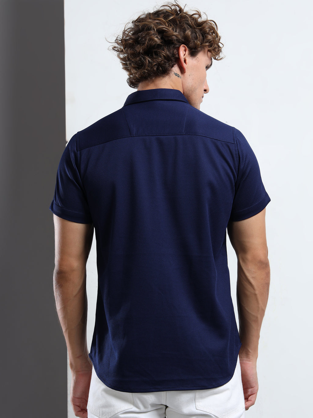 Men's Navy Blue Textured Short Sleeve Casual Shirt
