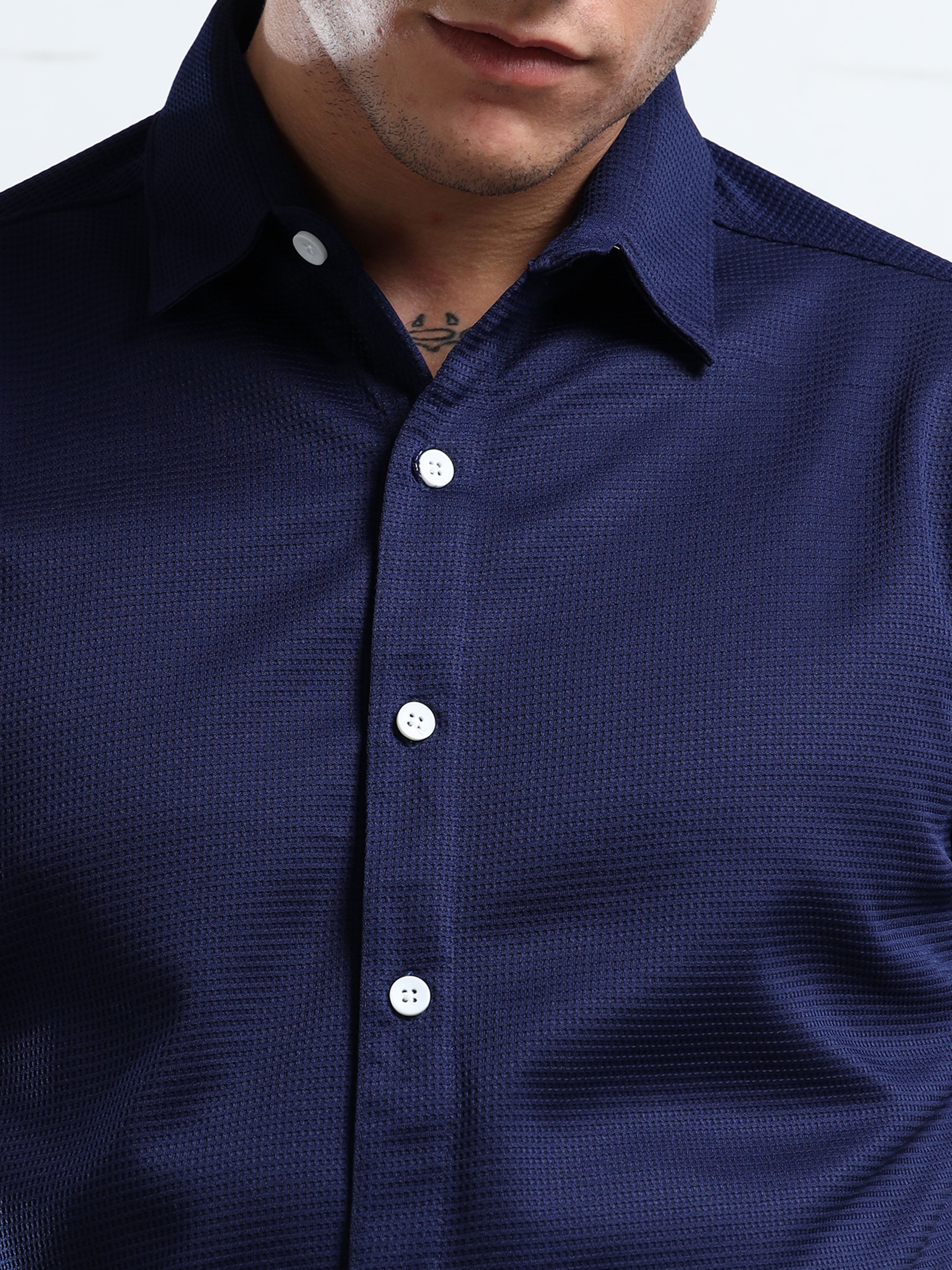 Men's Navy Blue Textured Short Sleeve Casual Shirt
