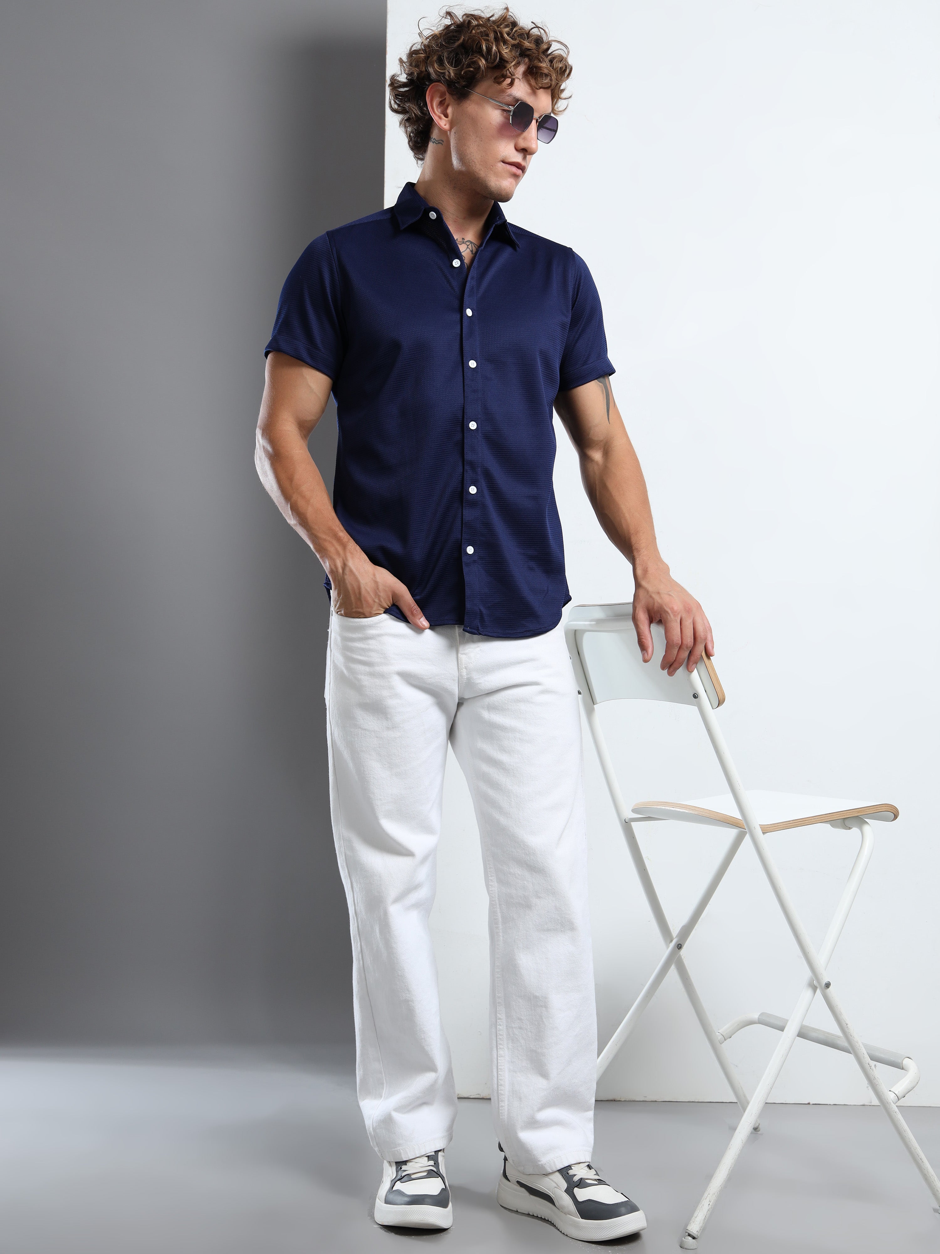 Men's Navy Blue Textured Short Sleeve Casual Shirt