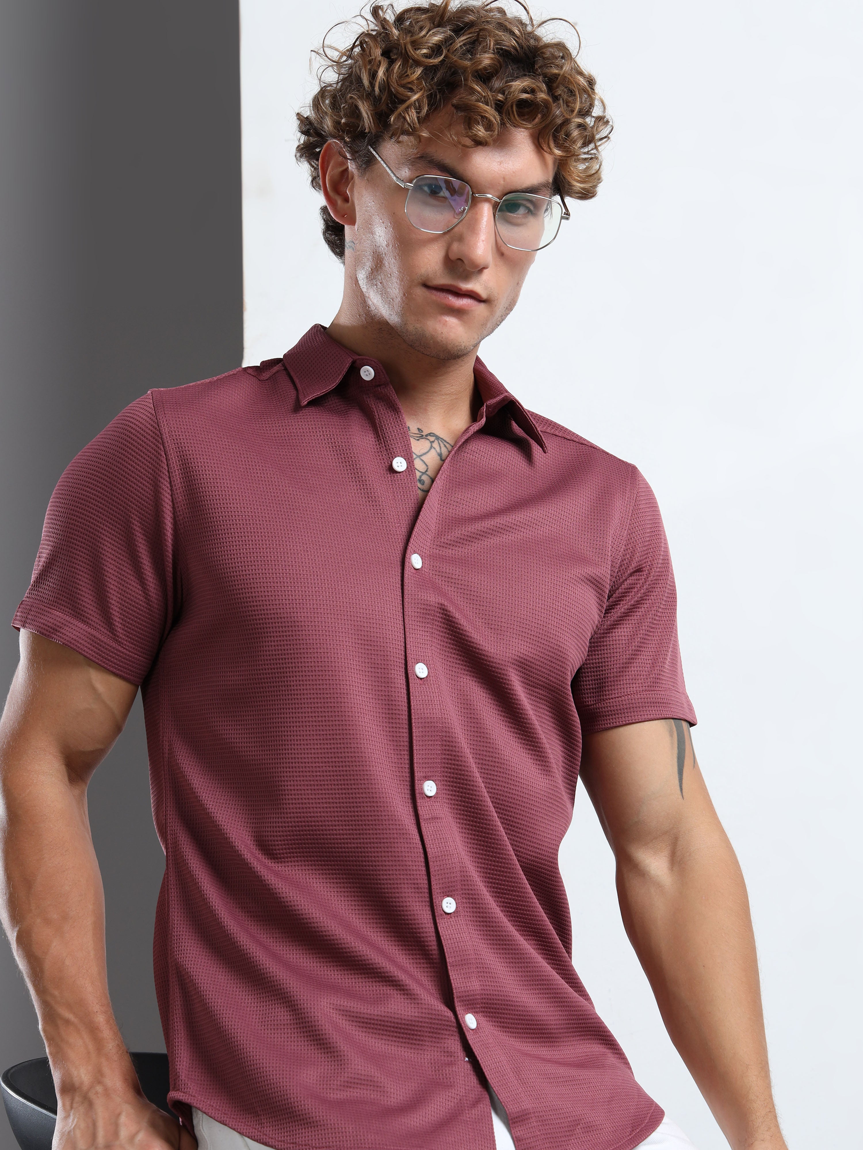 Men's Light Purple Textured Short Sleeve Casual Shirt