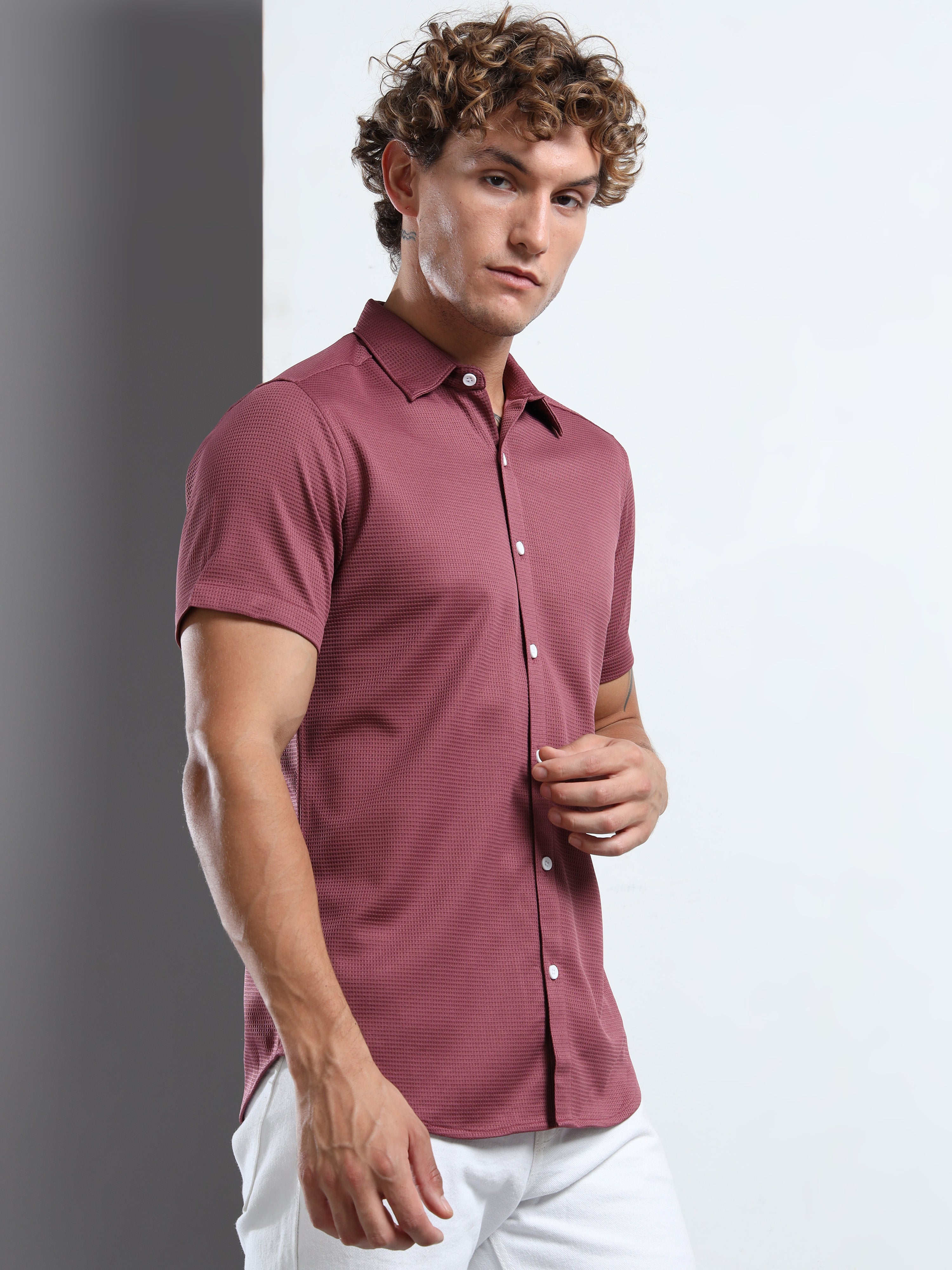 Men's Light Purple Textured Short Sleeve Casual Shirt