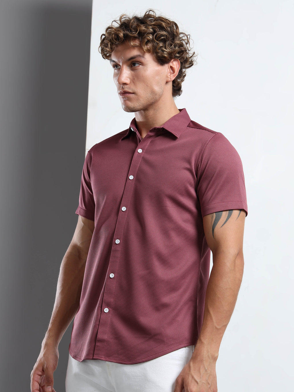 Men's Light Purple Textured Short Sleeve Casual Shirt