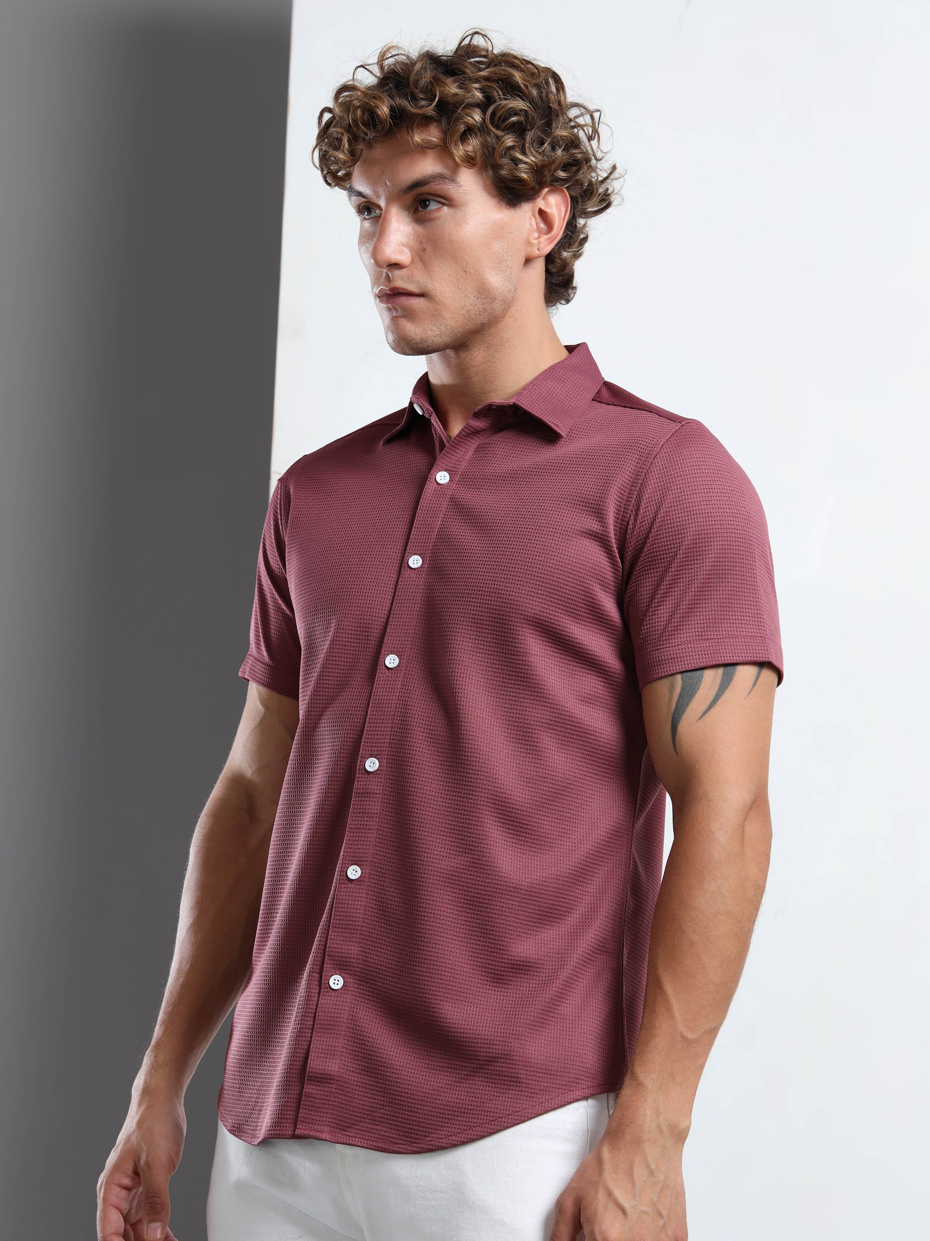 Men's Light Purple Textured Short Sleeve Casual Shirt