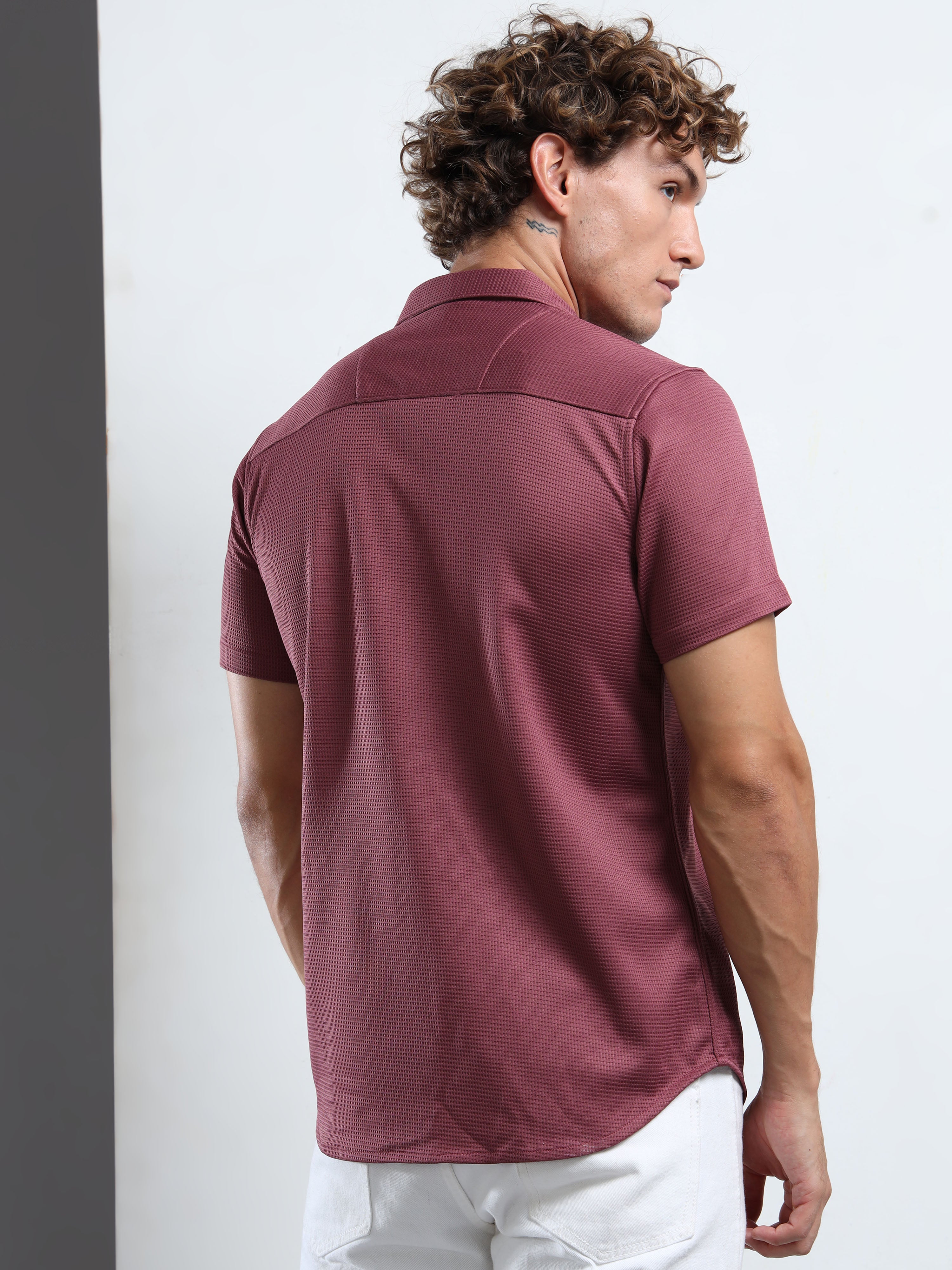 Men's Light Purple Textured Short Sleeve Casual Shirt