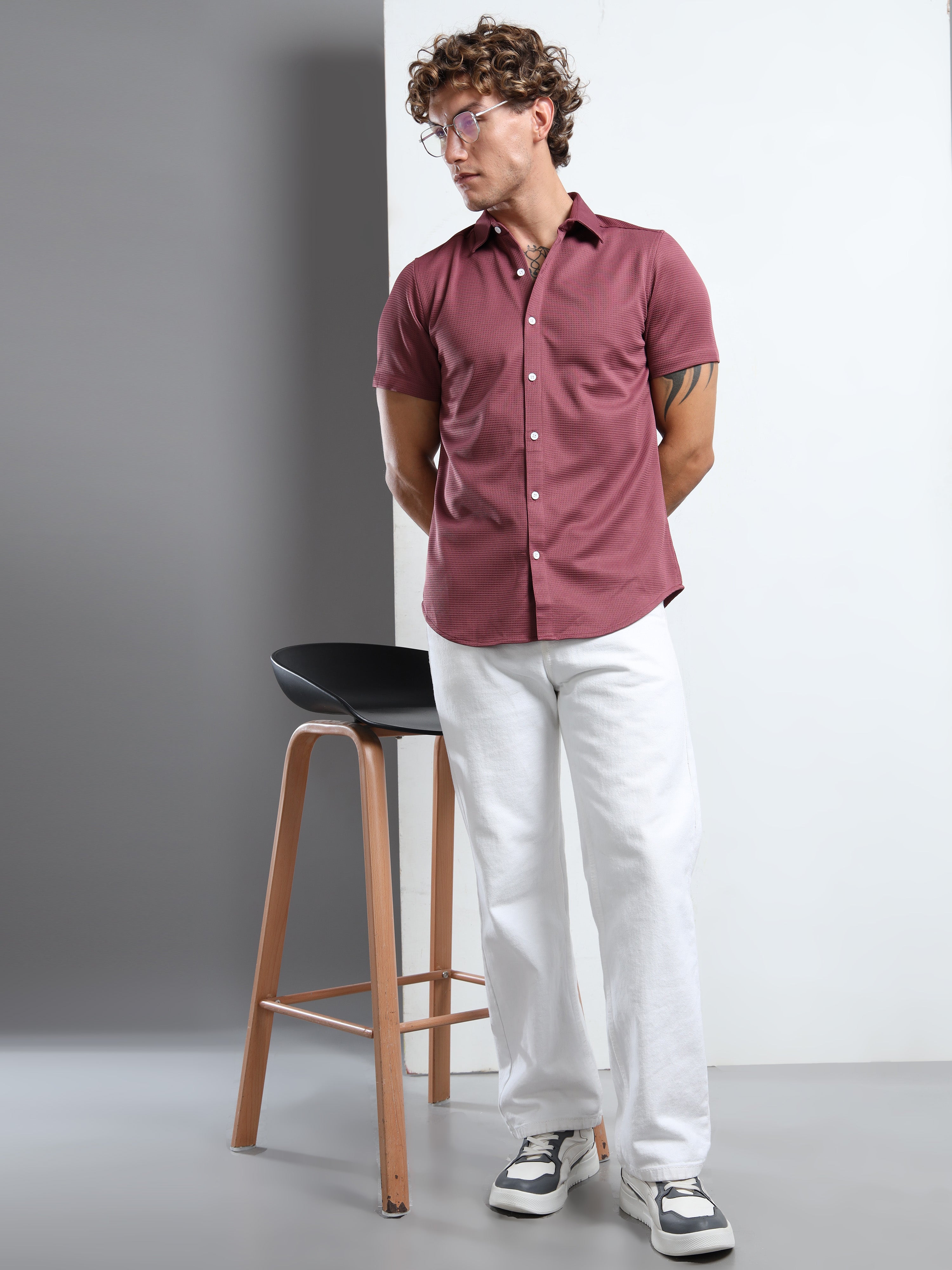 Men's Light Purple Textured Short Sleeve Casual Shirt