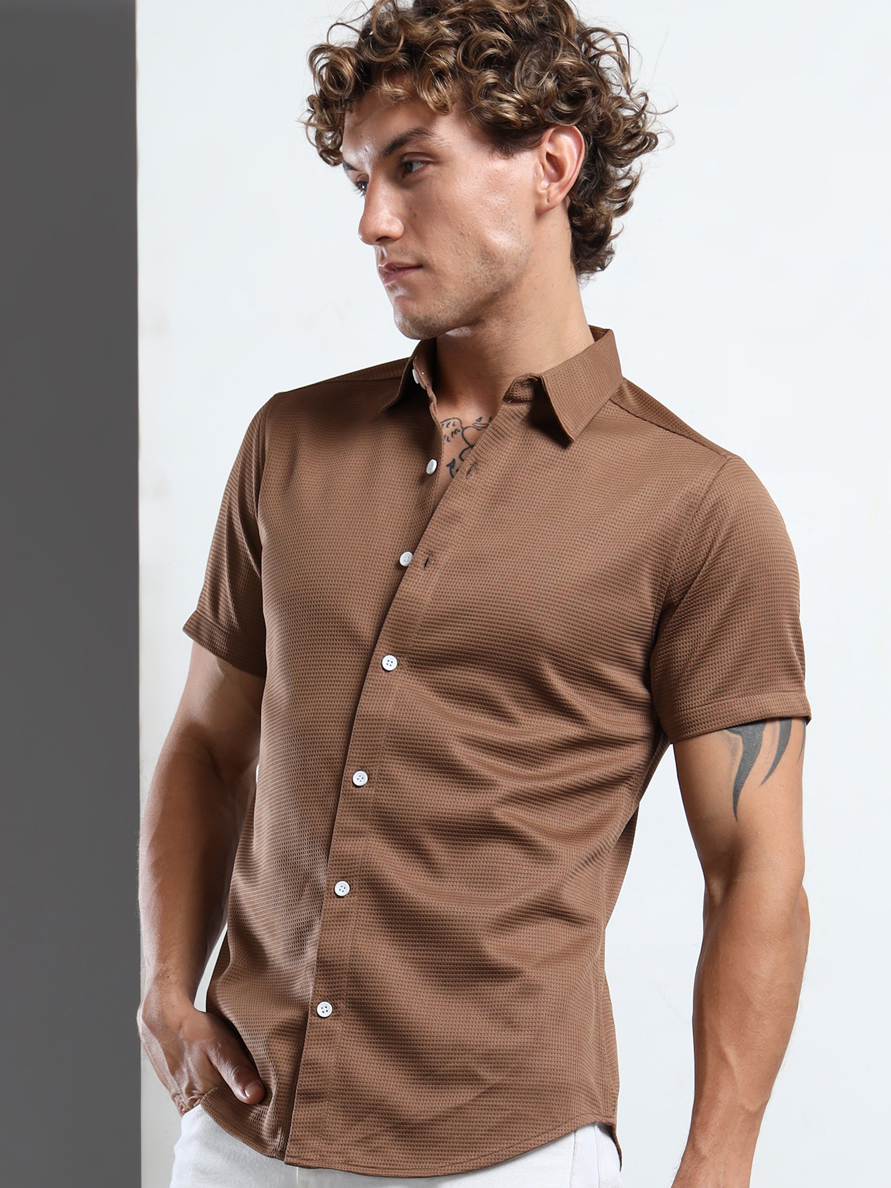Men's Brown Textured Short Sleeve Casual Shirt