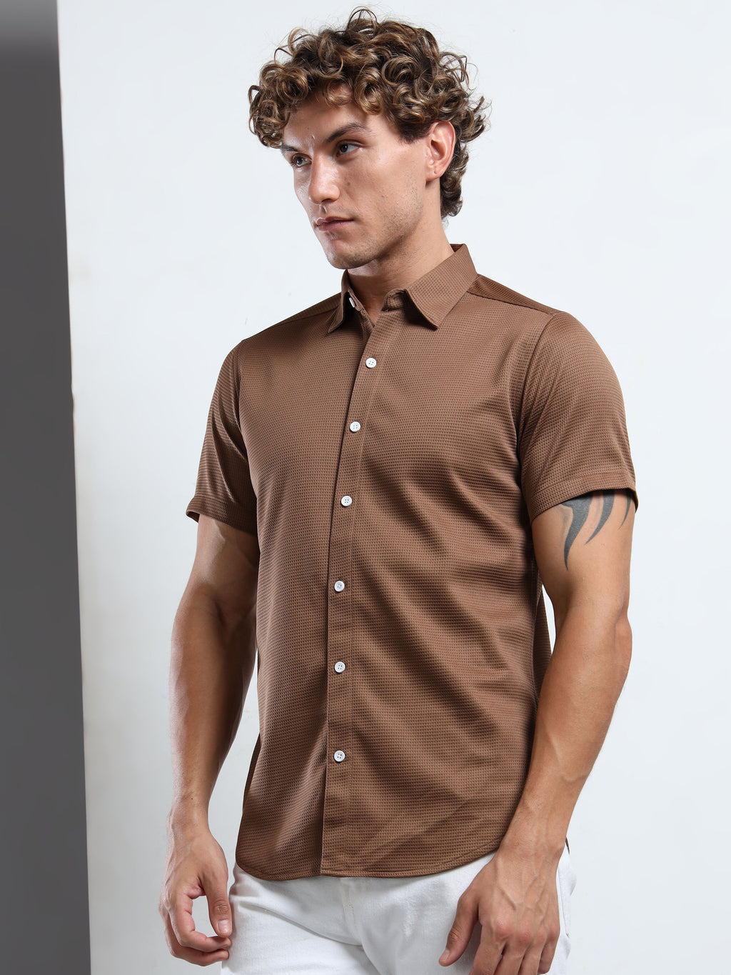 Men's Brown Textured Short Sleeve Casual Shirt