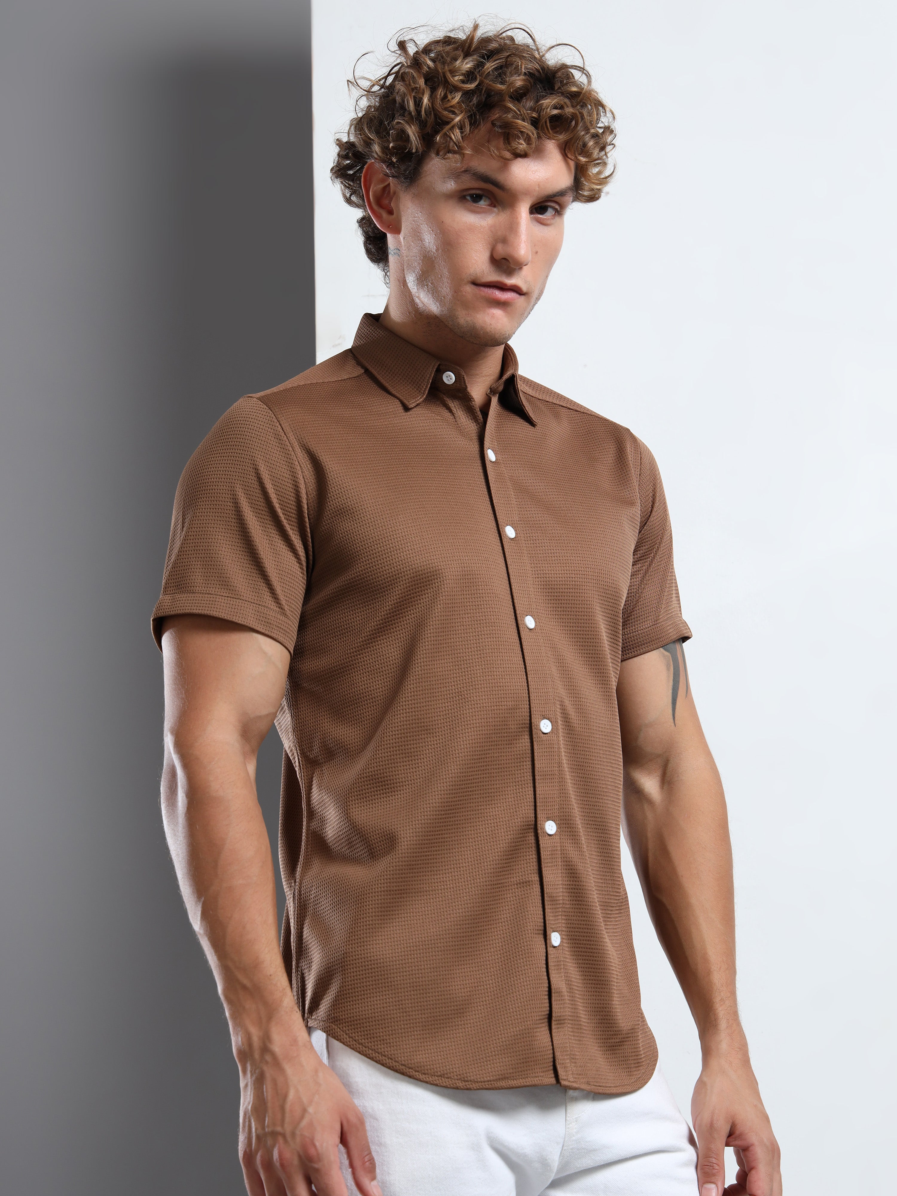 Men's Brown Textured Short Sleeve Casual Shirt