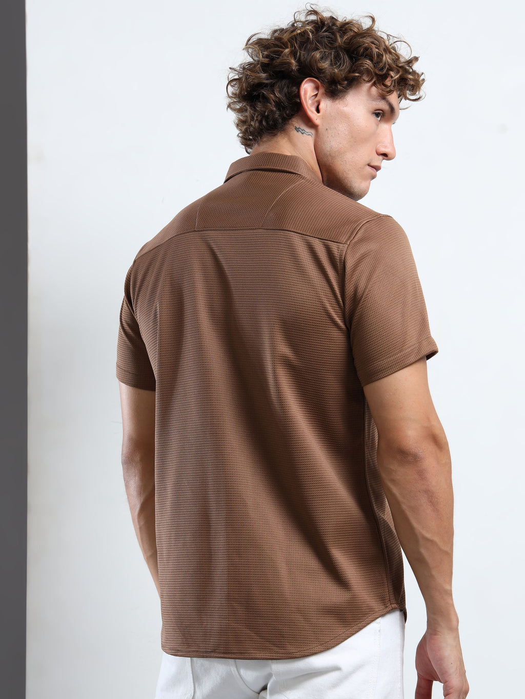 Men's Brown Textured Short Sleeve Casual Shirt