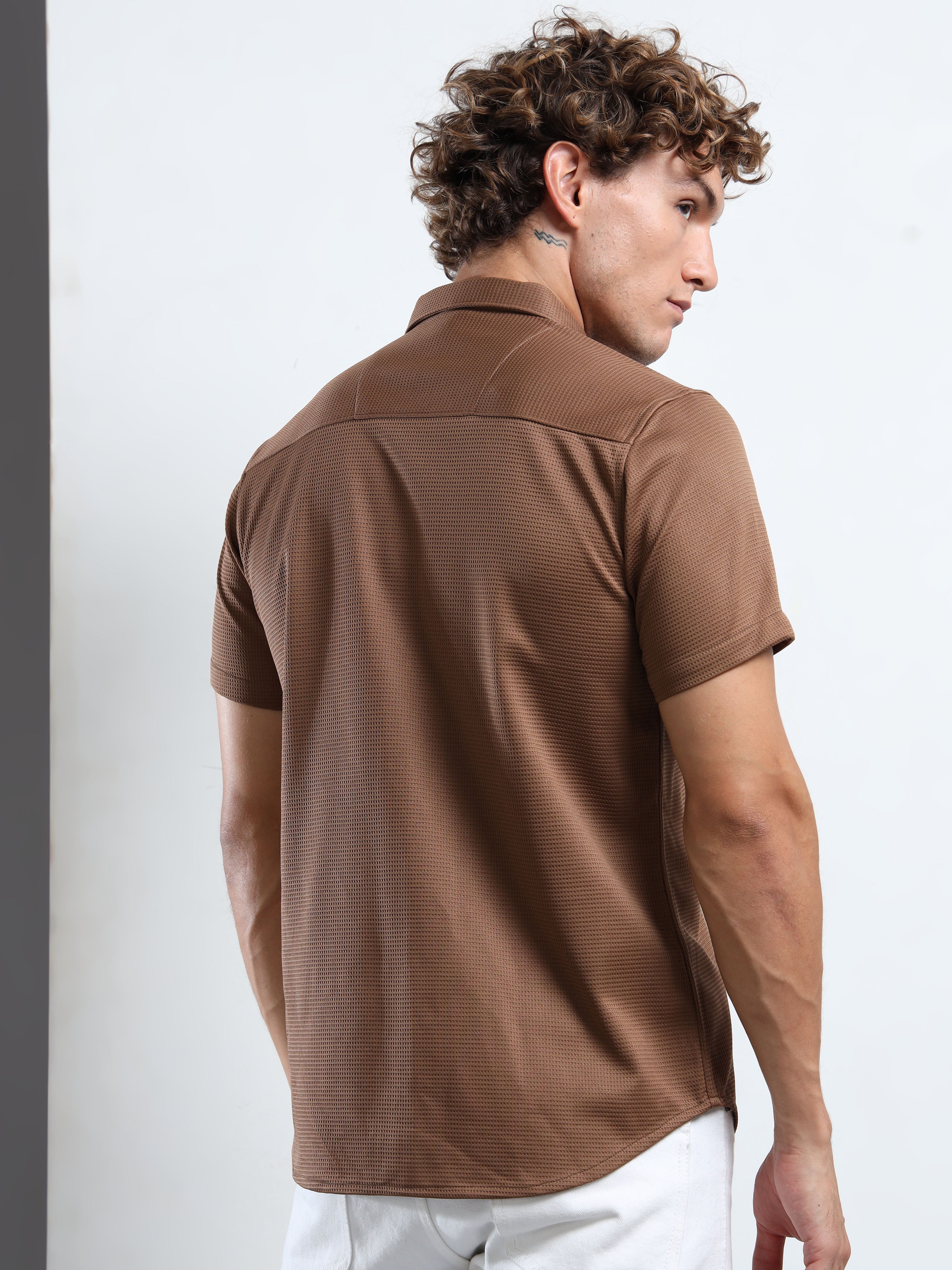 Men's Brown Textured Short Sleeve Casual Shirt