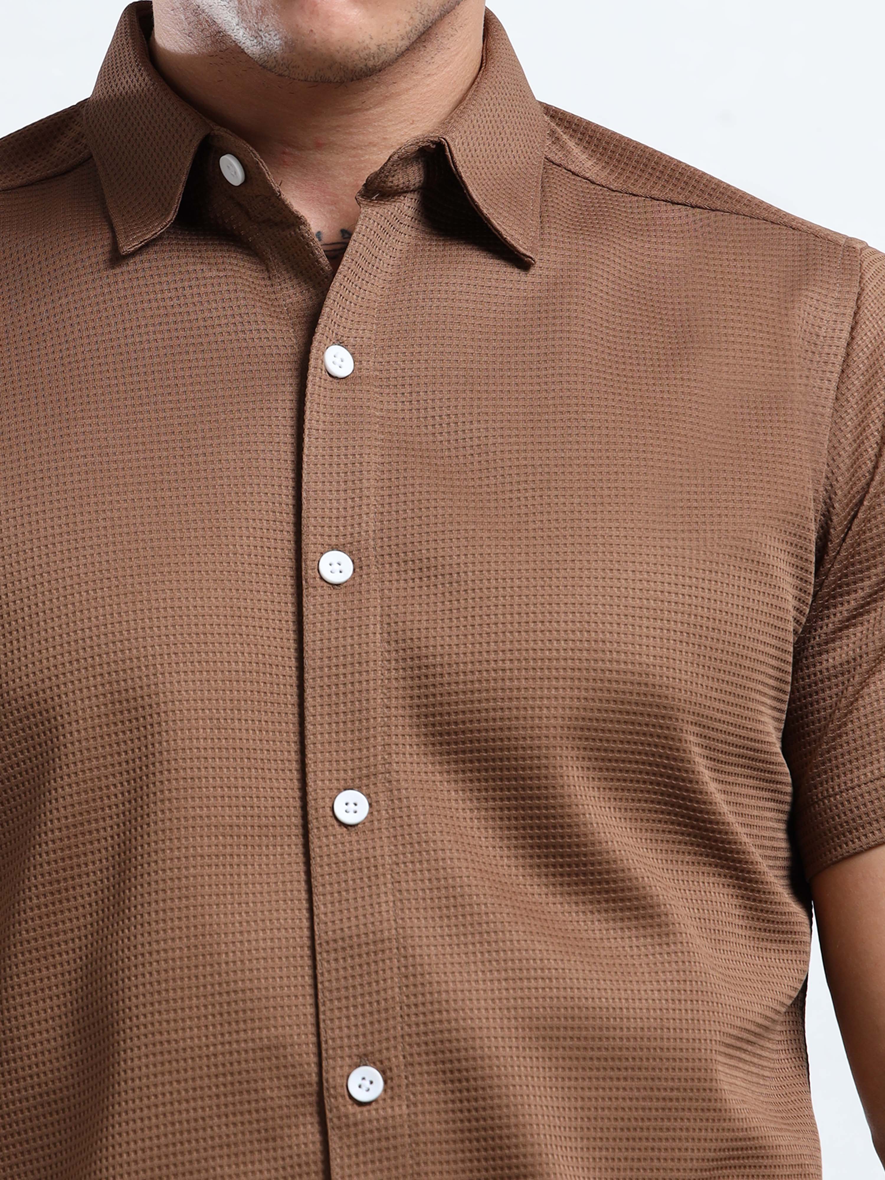 Men's Brown Textured Short Sleeve Casual Shirt