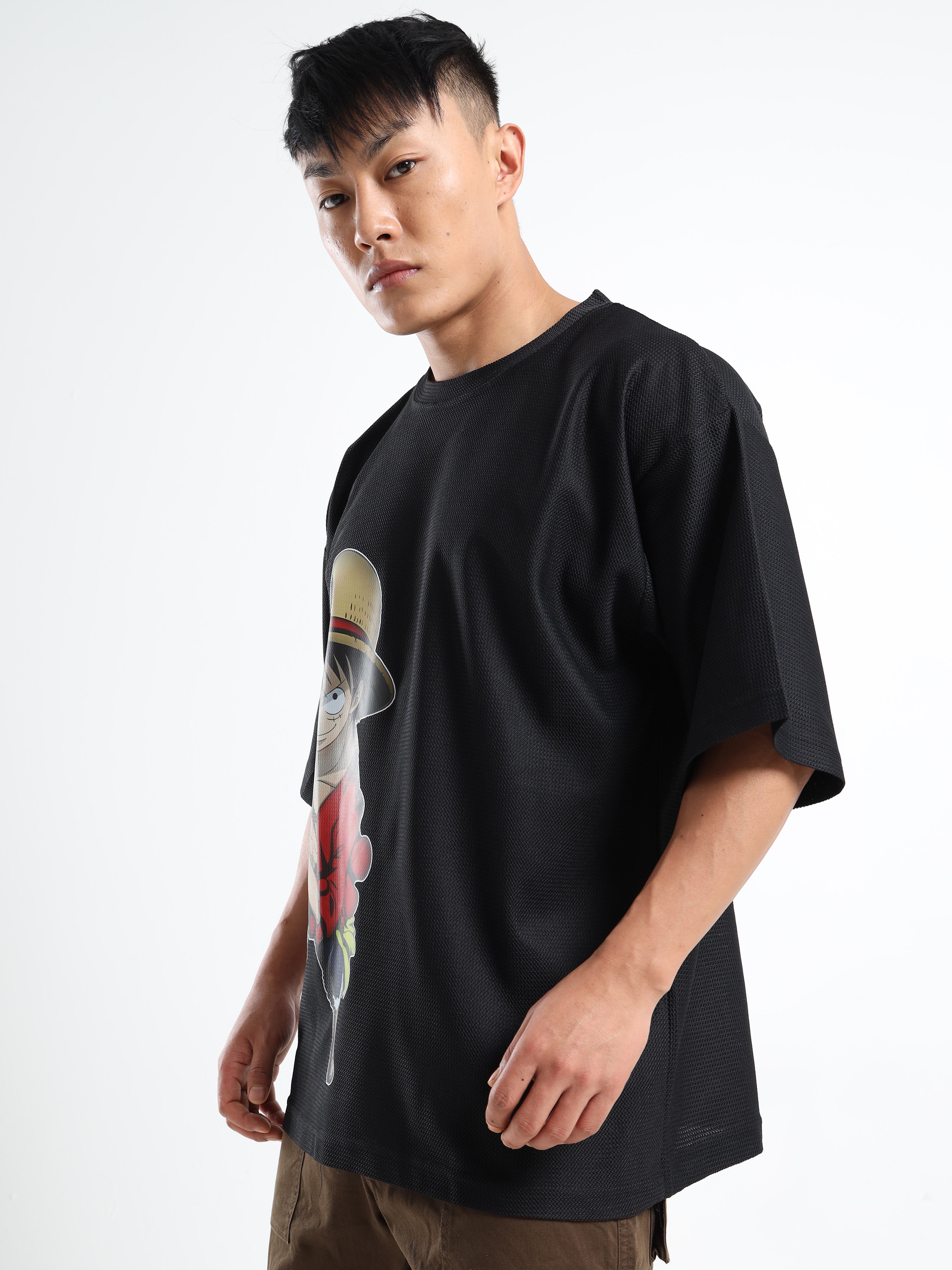 Men Printed Drop-Shoulder Sleeves Applique T-shirt