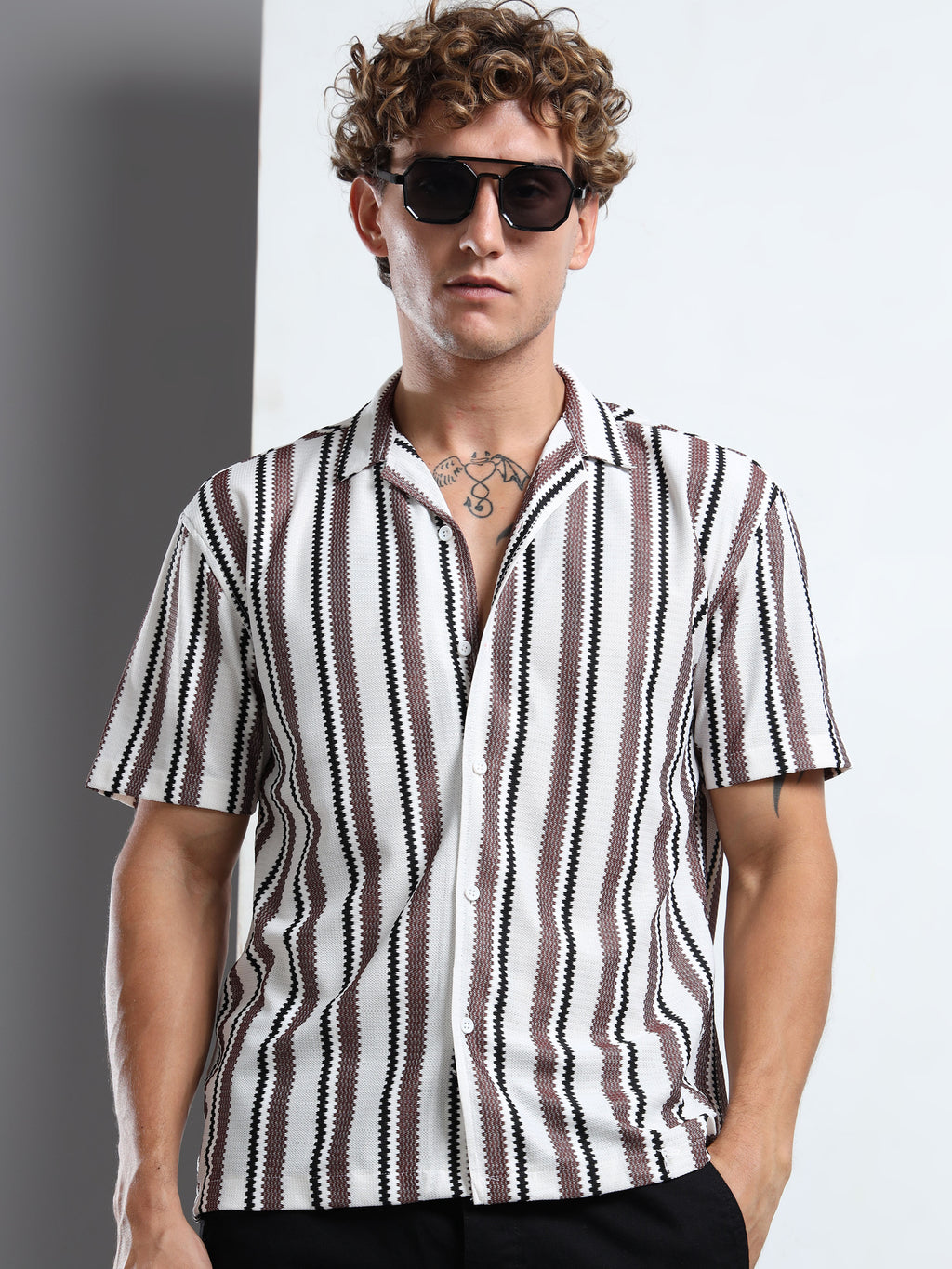 Khaki & White Ribbed Vertical Stripe Shirt