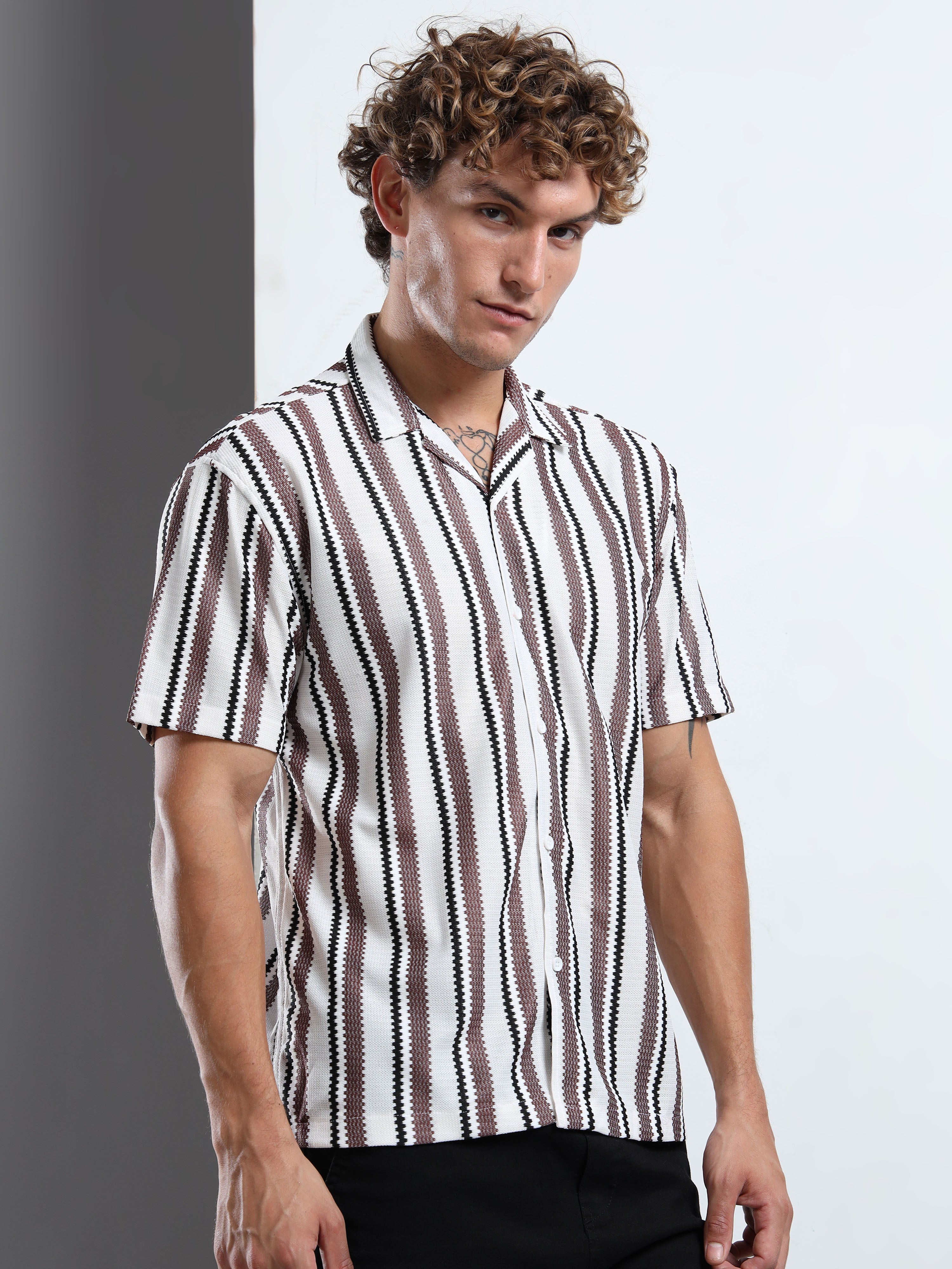 Khaki & White Ribbed Vertical Stripe Shirt