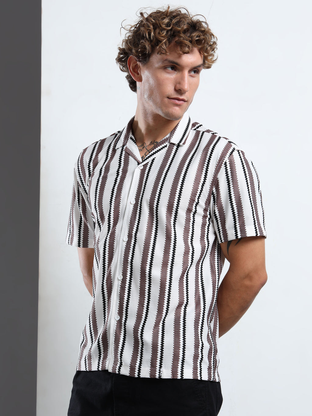 Khaki & White Ribbed Vertical Stripe Shirt