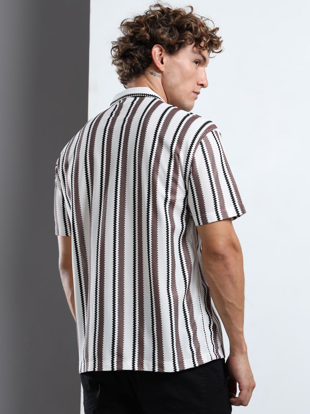 Khaki & White Ribbed Vertical Stripe Shirt