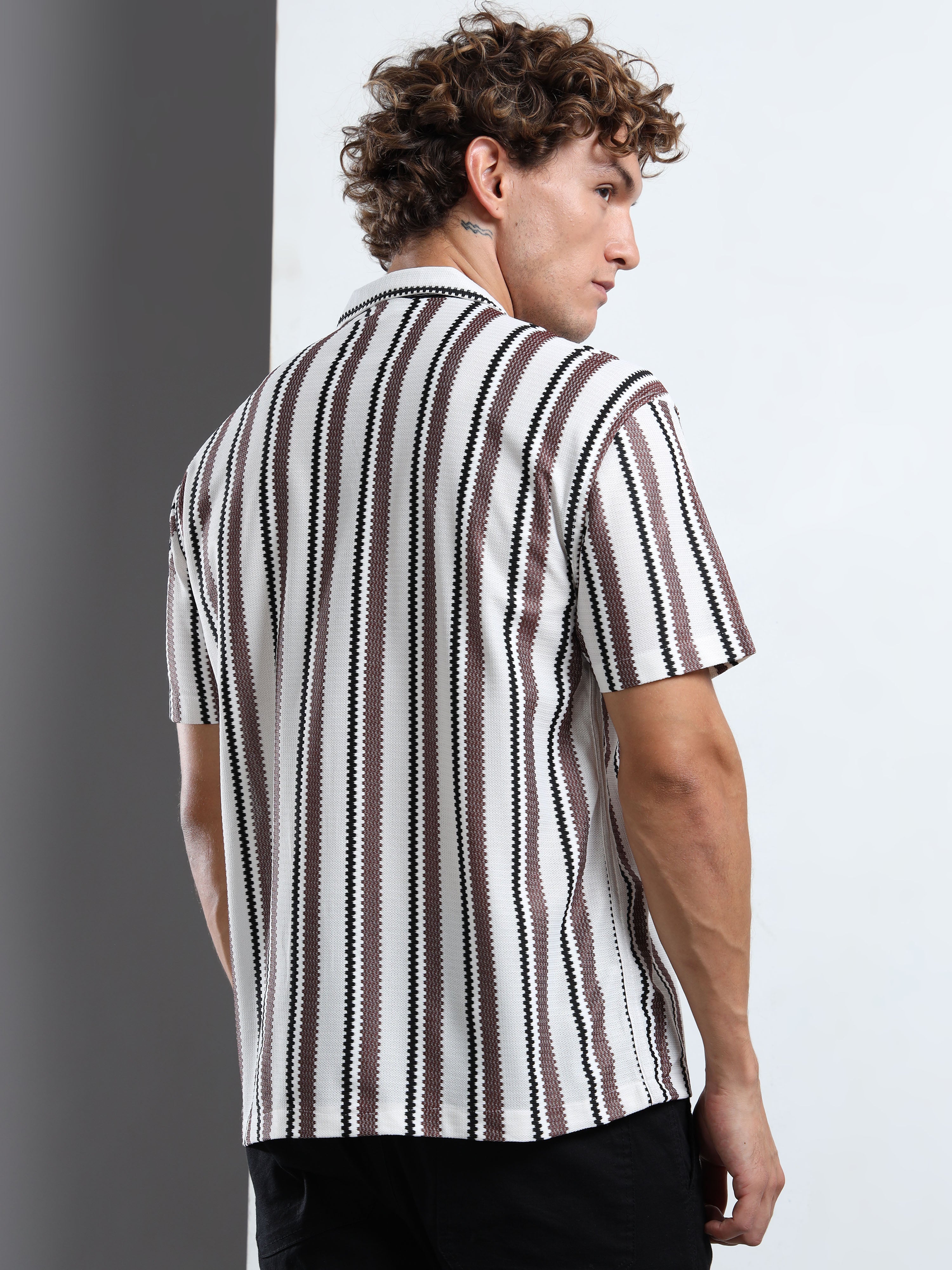 Khaki & White Ribbed Vertical Stripe Shirt