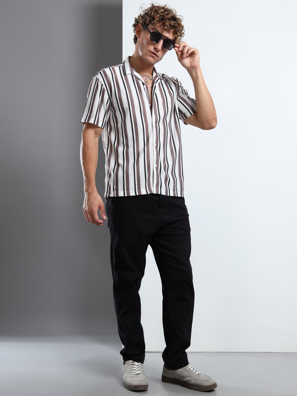 Khaki & White Ribbed Vertical Stripe Shirt