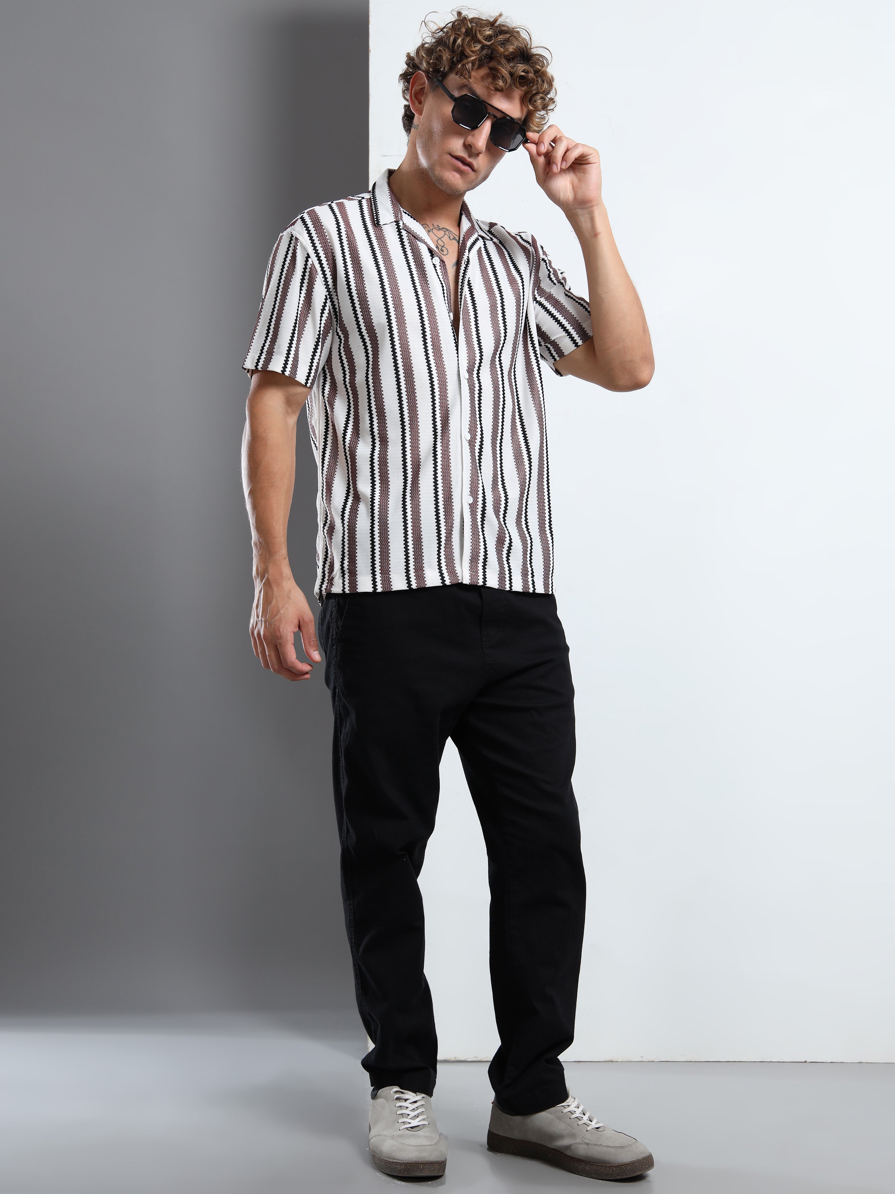 Khaki & White Ribbed Vertical Stripe Shirt