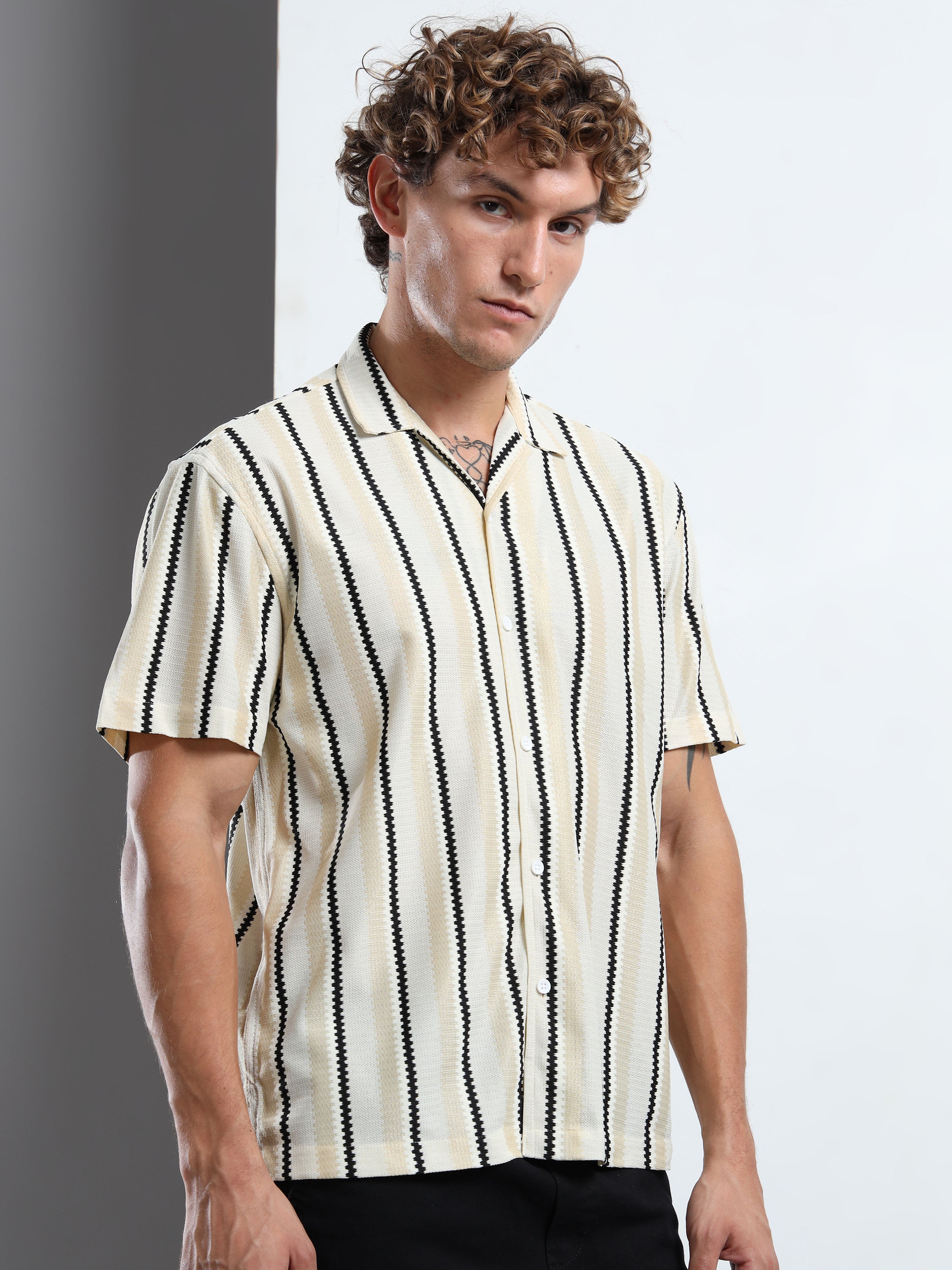 Men's Beige Striped Knit Shirt