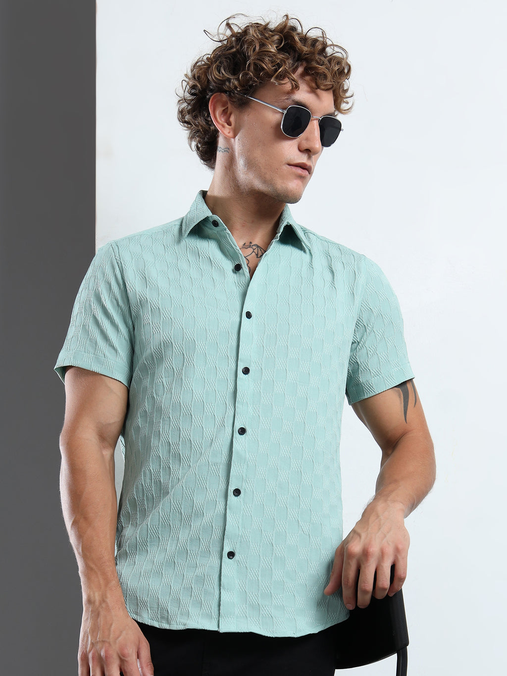 Men's Sky Blue Patterned Textured Short Sleeve Casual Shirt