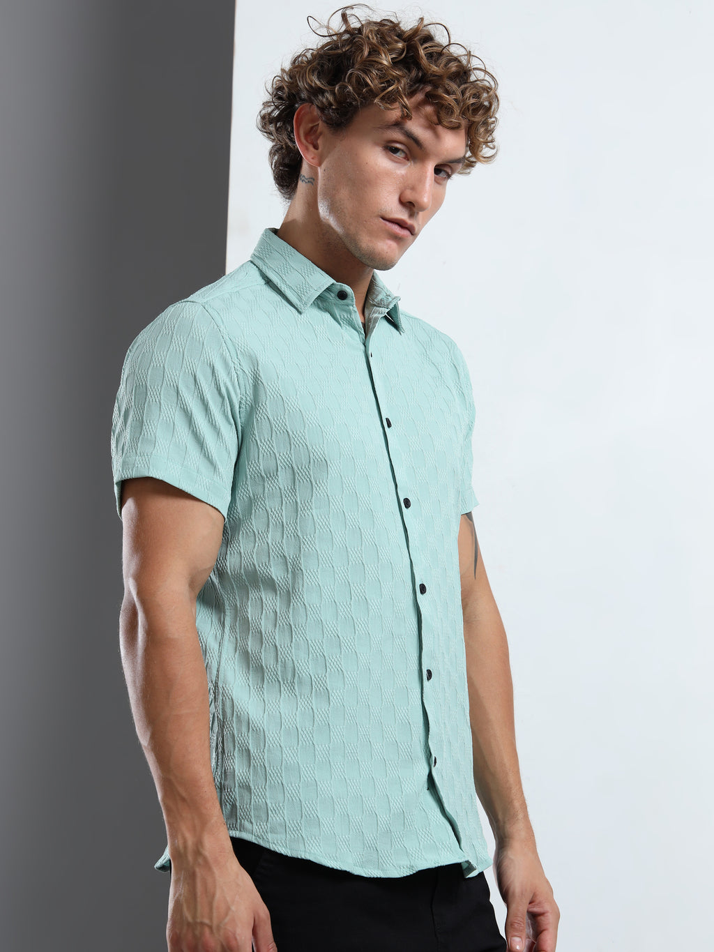 Men's Sky Blue Patterned Textured Short Sleeve Casual Shirt