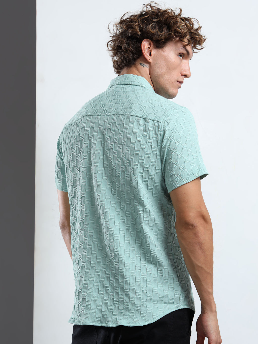 Men's Sky Blue Patterned Textured Short Sleeve Casual Shirt