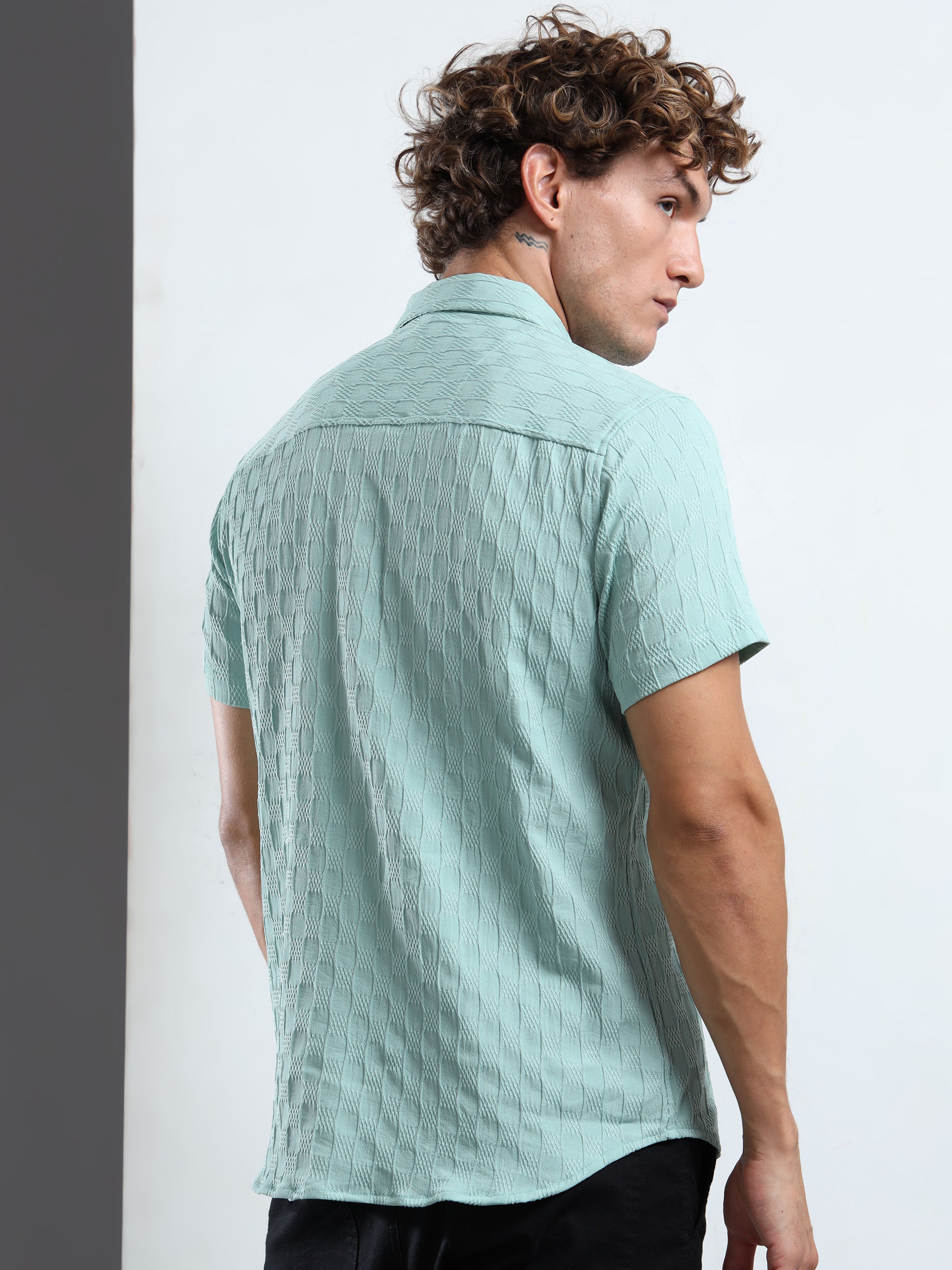 Men's Sky Blue Patterned Textured Short Sleeve Casual Shirt