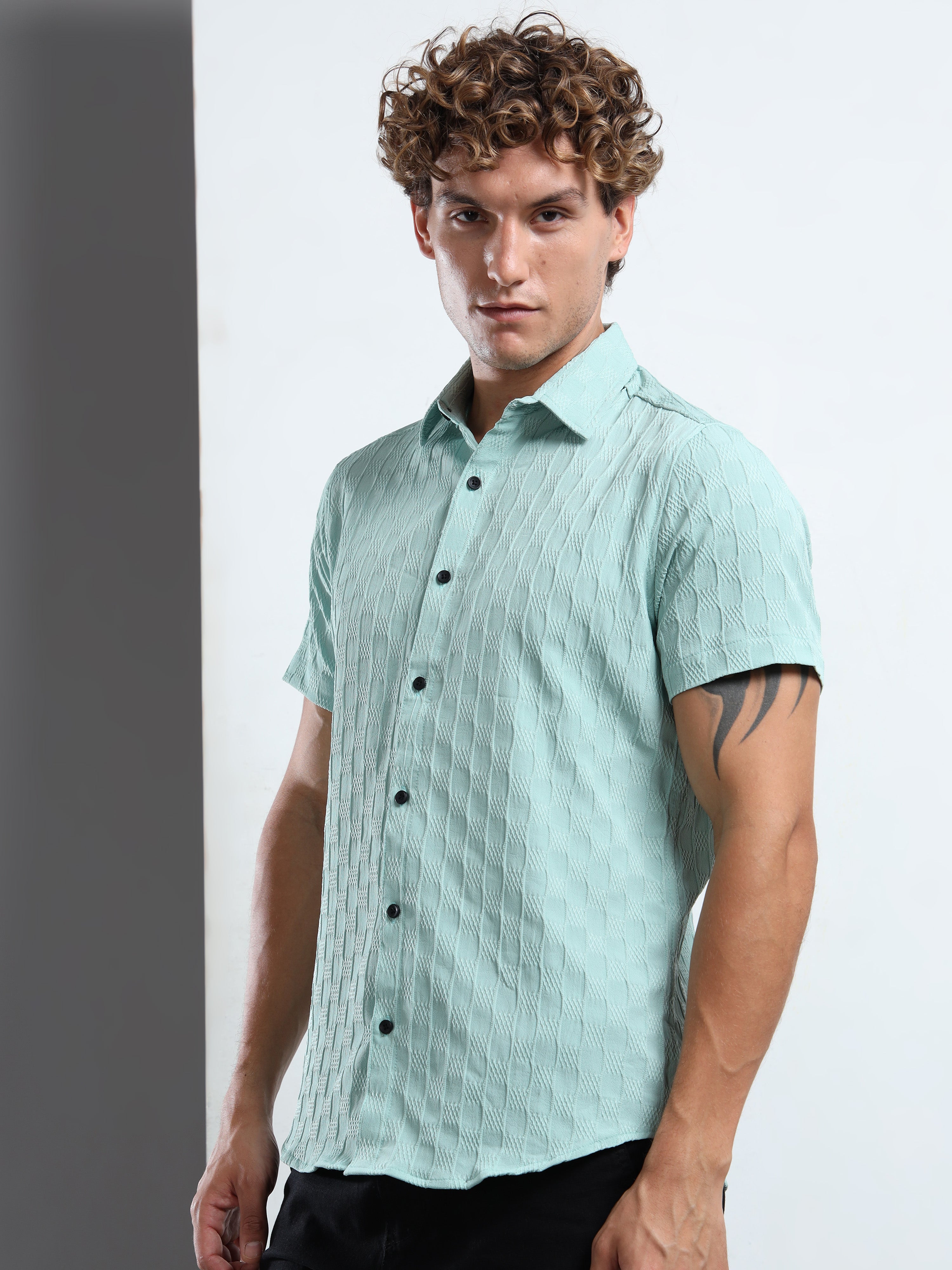 Men's Sky Blue Patterned Textured Short Sleeve Casual Shirt
