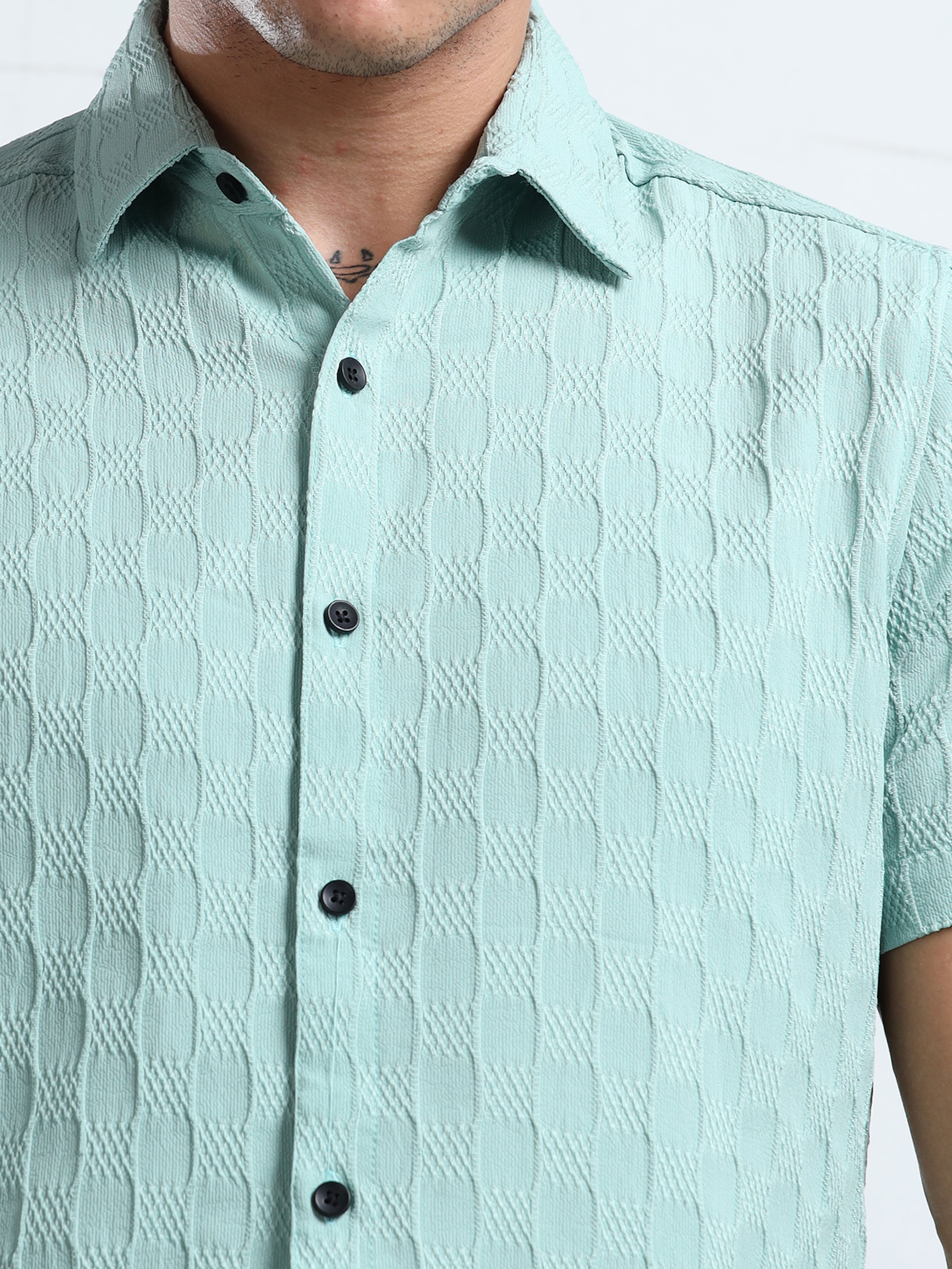 Men's Sky Blue Patterned Textured Short Sleeve Casual Shirt
