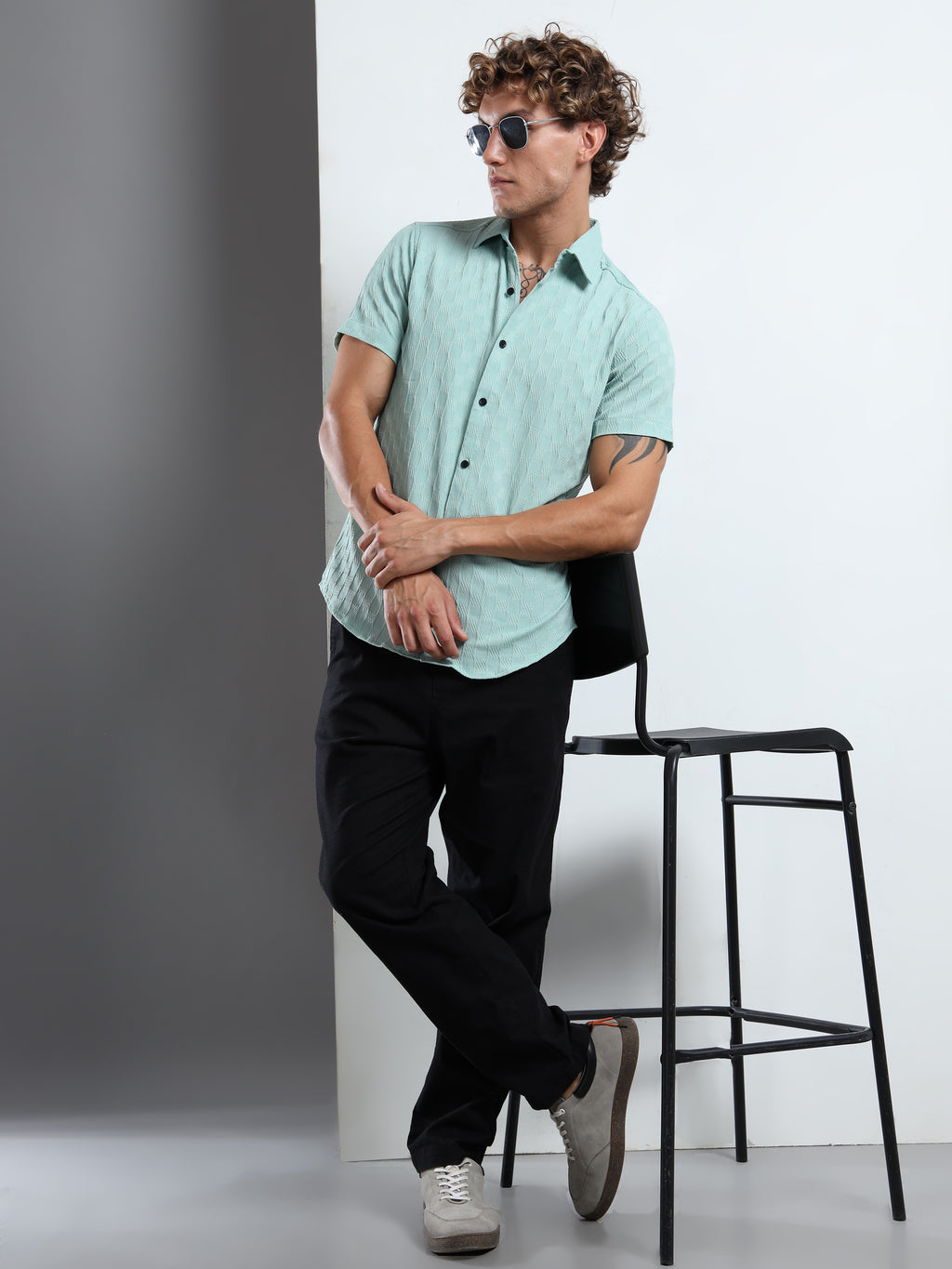 Men's Sky Blue Patterned Textured Short Sleeve Casual Shirt