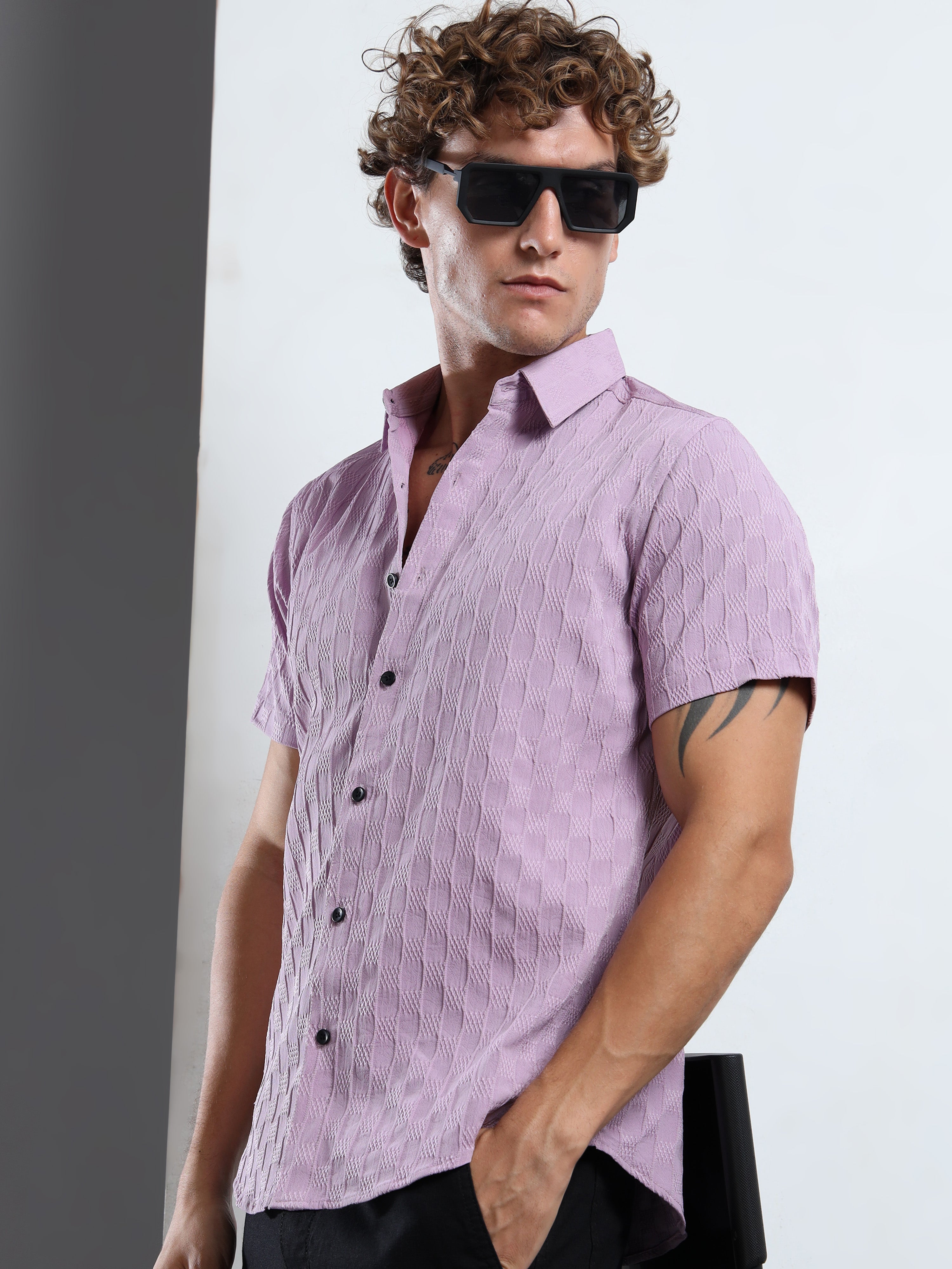 Men's Light Purple Patterned Textured Short Sleeve Casual Shirt