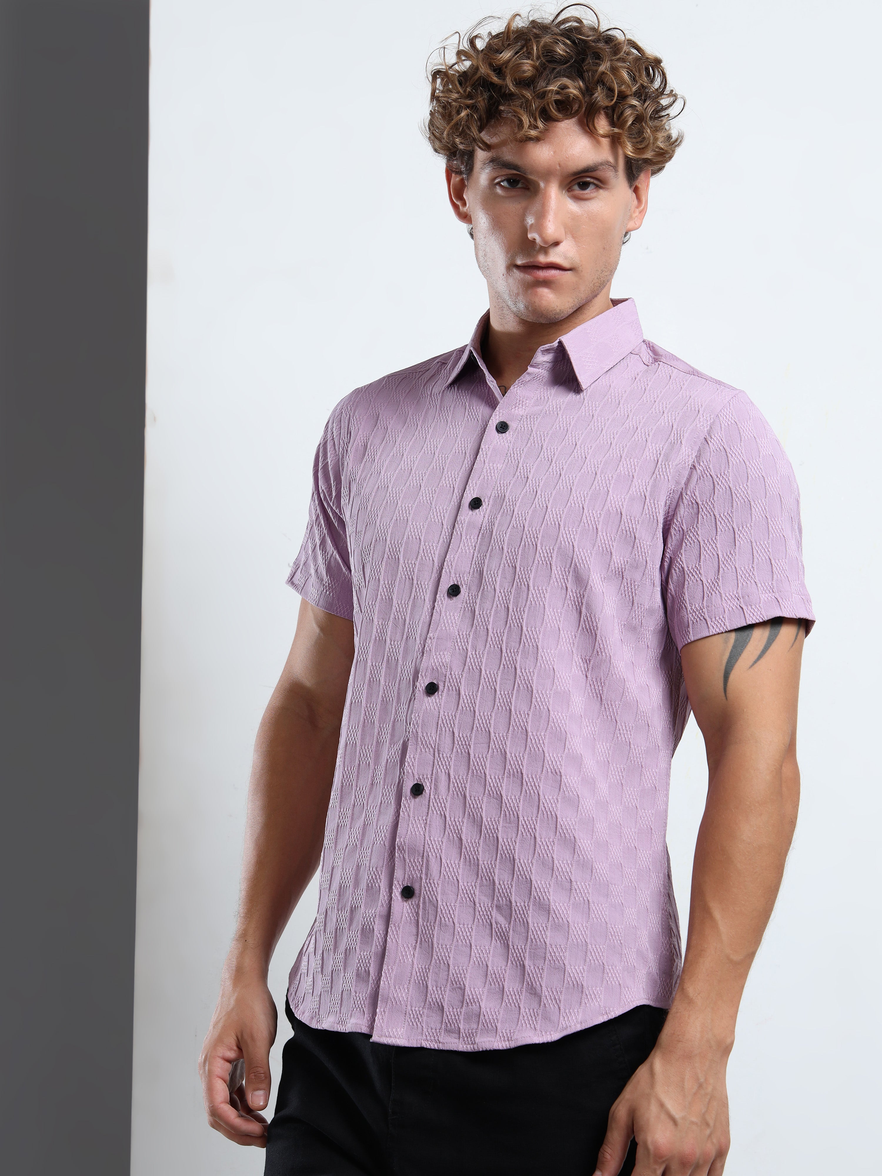 Men's Light Purple Patterned Textured Short Sleeve Casual Shirt