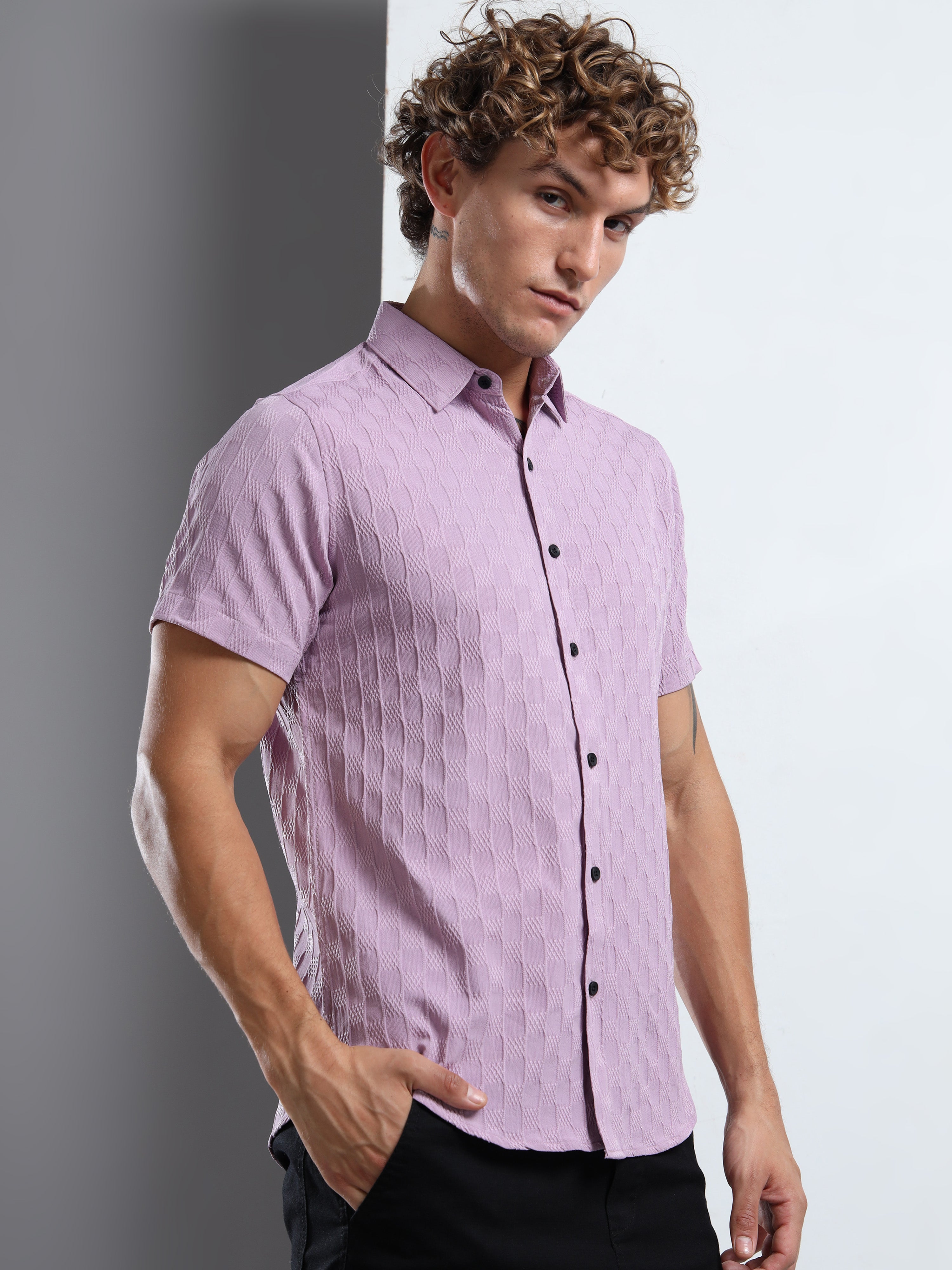 Men's Light Purple Patterned Textured Short Sleeve Casual Shirt