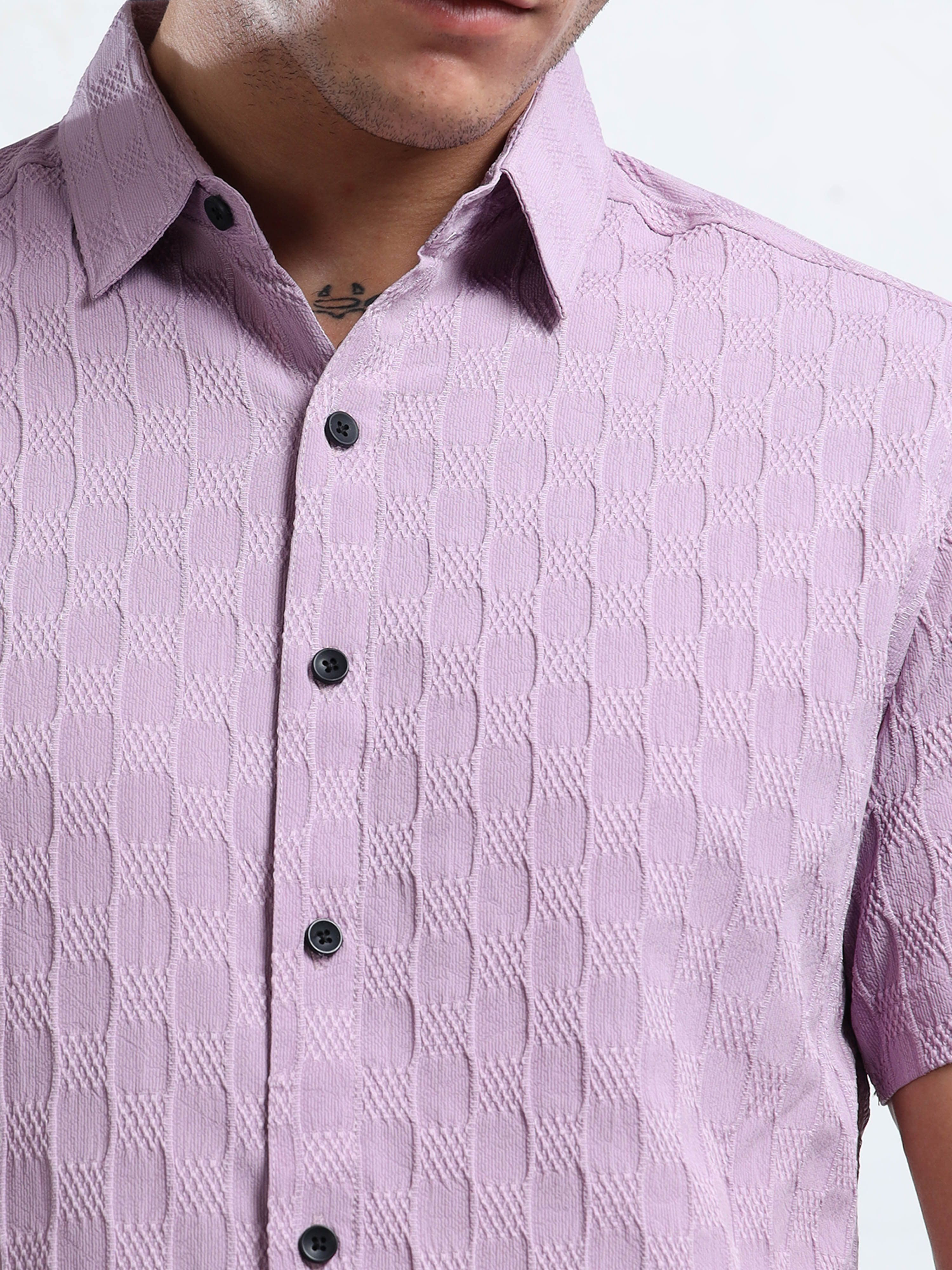Men's Light Purple Patterned Textured Short Sleeve Casual Shirt