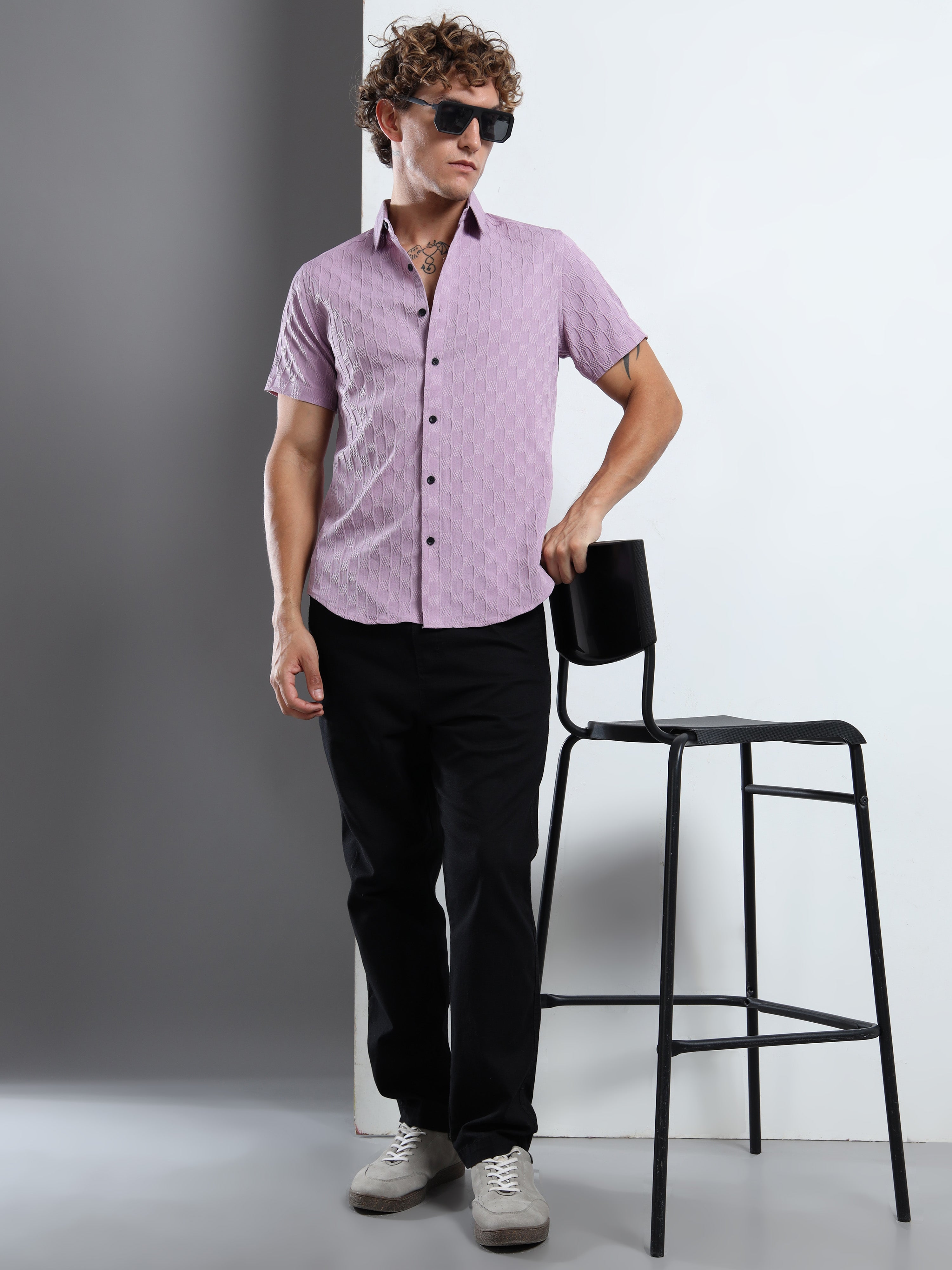 Men's Light Purple Patterned Textured Short Sleeve Casual Shirt