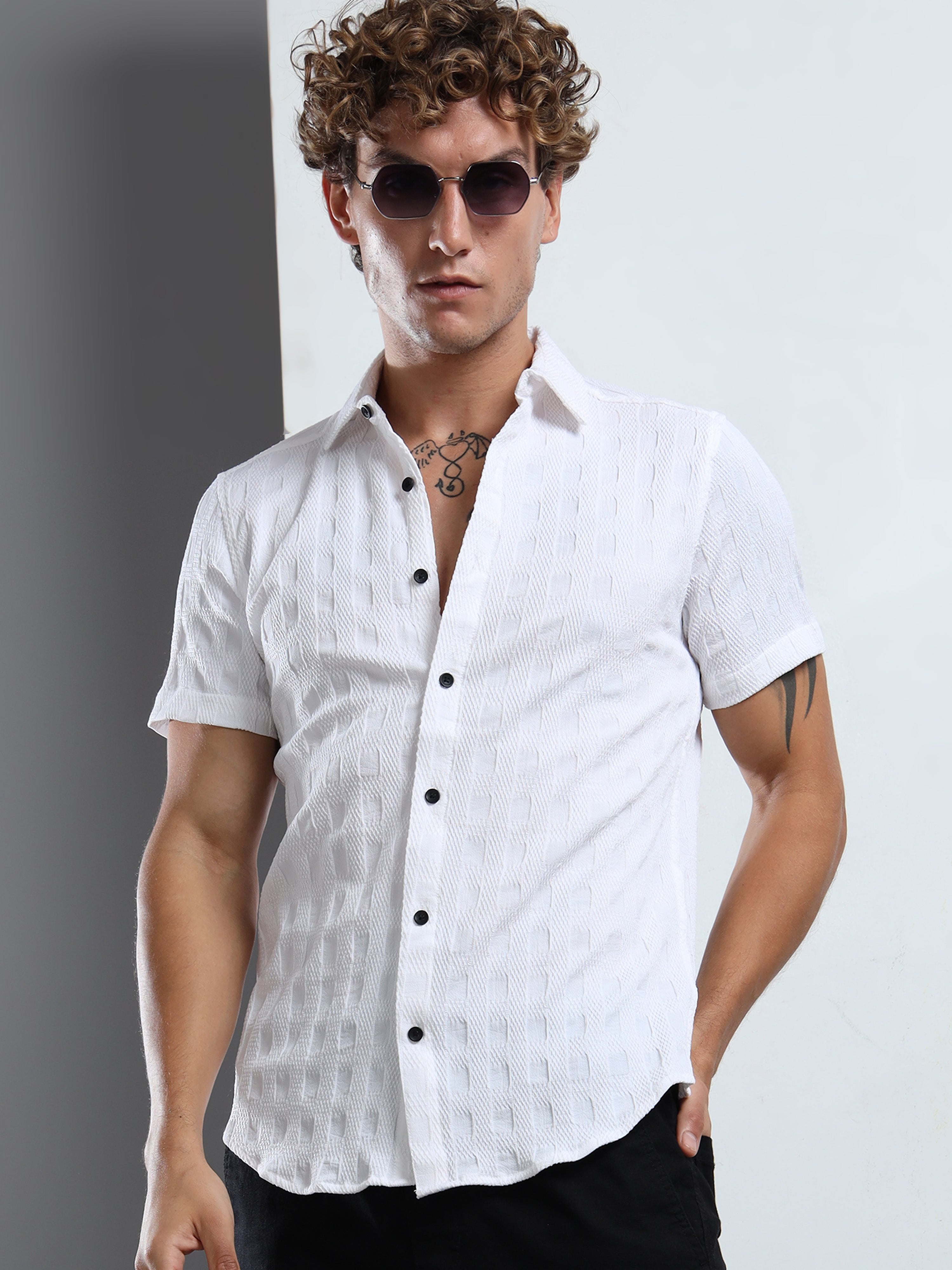 Men's White Patterned Textured Short Sleeve Casual Shirt