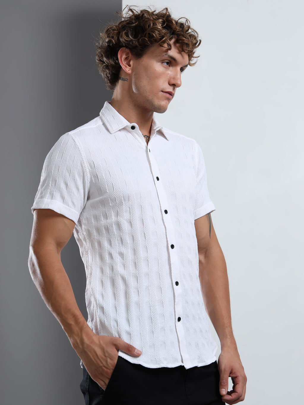Men's White Patterned Textured Short Sleeve Casual Shirt