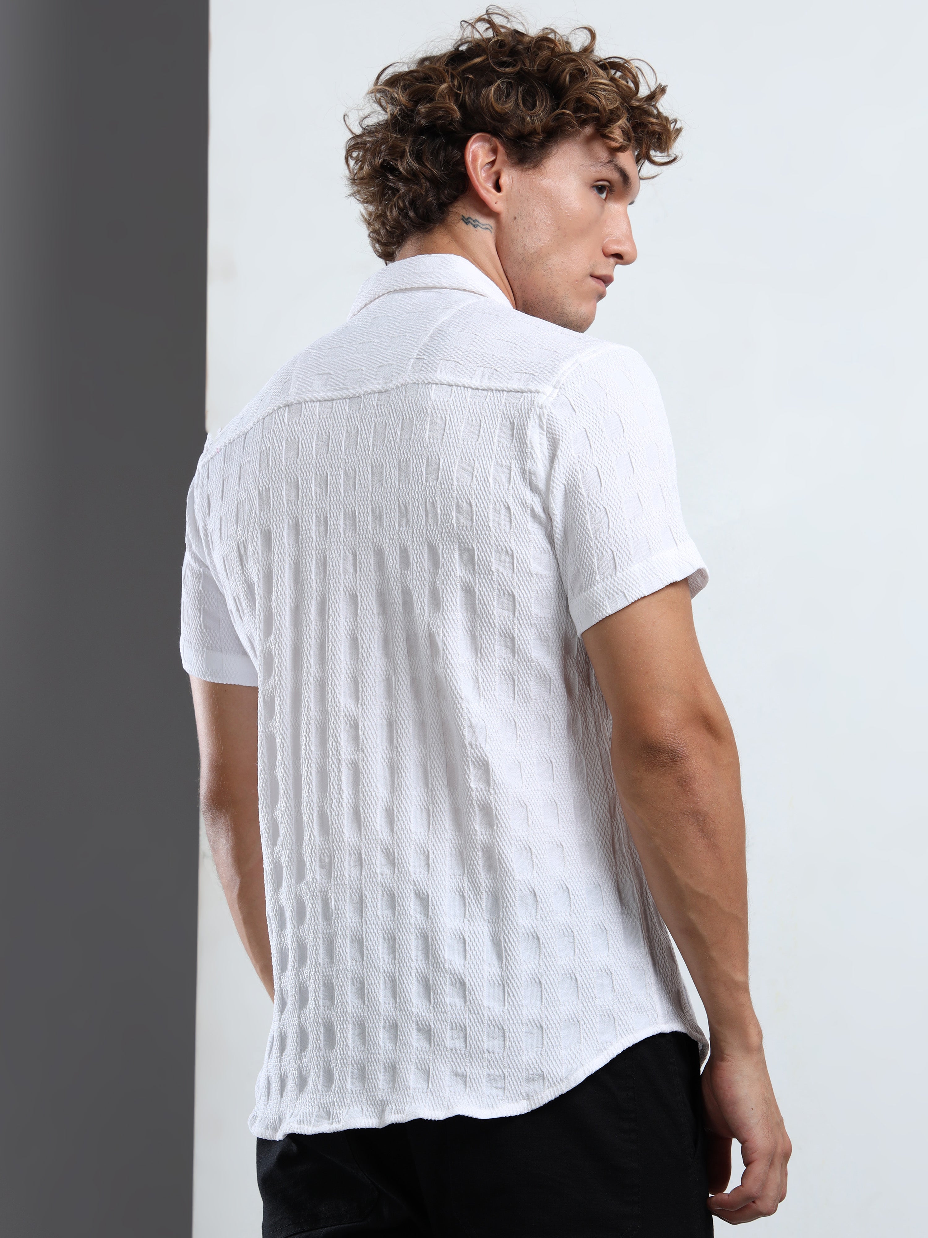 Men's White Patterned Textured Short Sleeve Casual Shirt