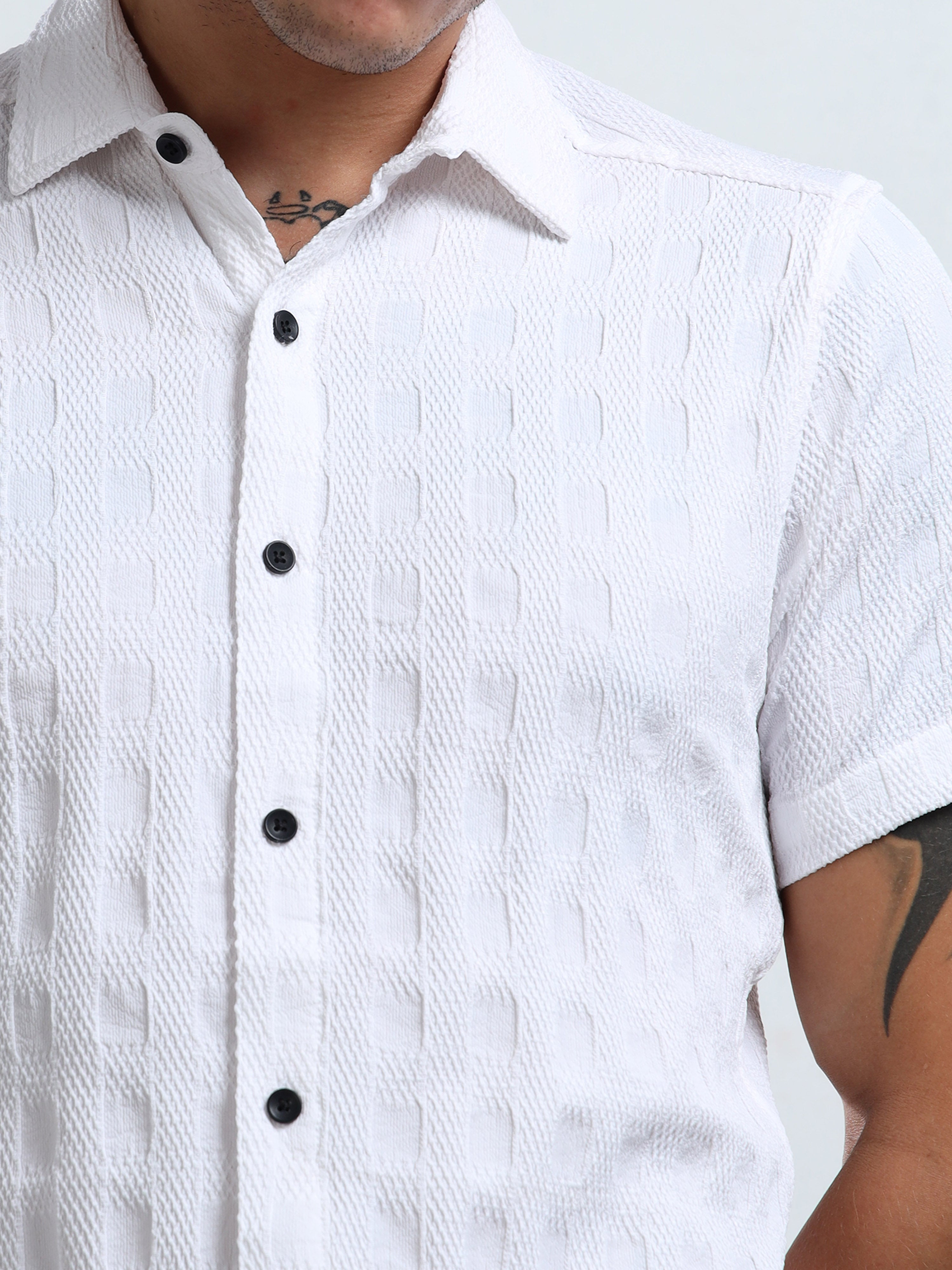 Men's White Patterned Textured Short Sleeve Casual Shirt