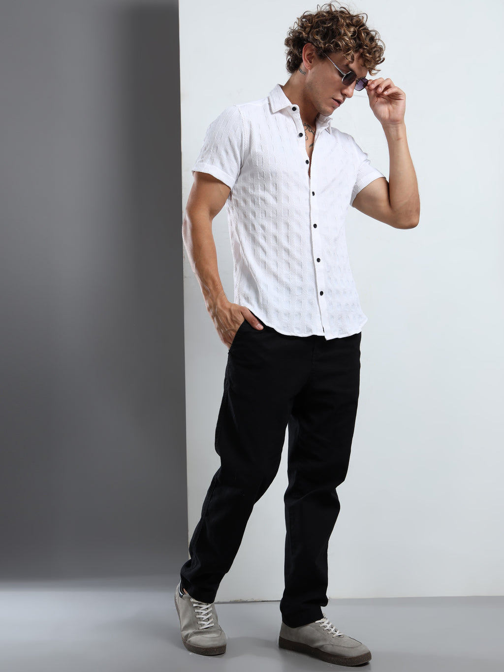 Men's White Patterned Textured Short Sleeve Casual Shirt