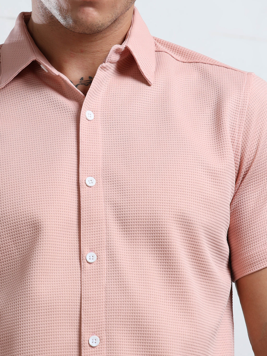 Men's Peach Textured Short Sleeve Casual Shirt