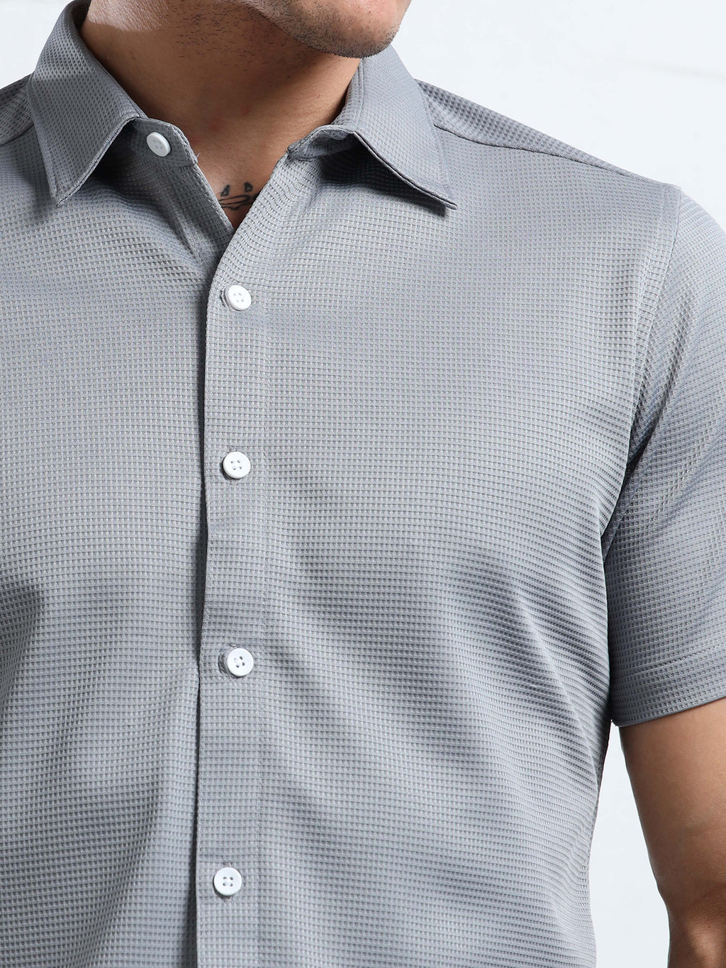 Men's Grey Textured Short Sleeve Casual Shirt